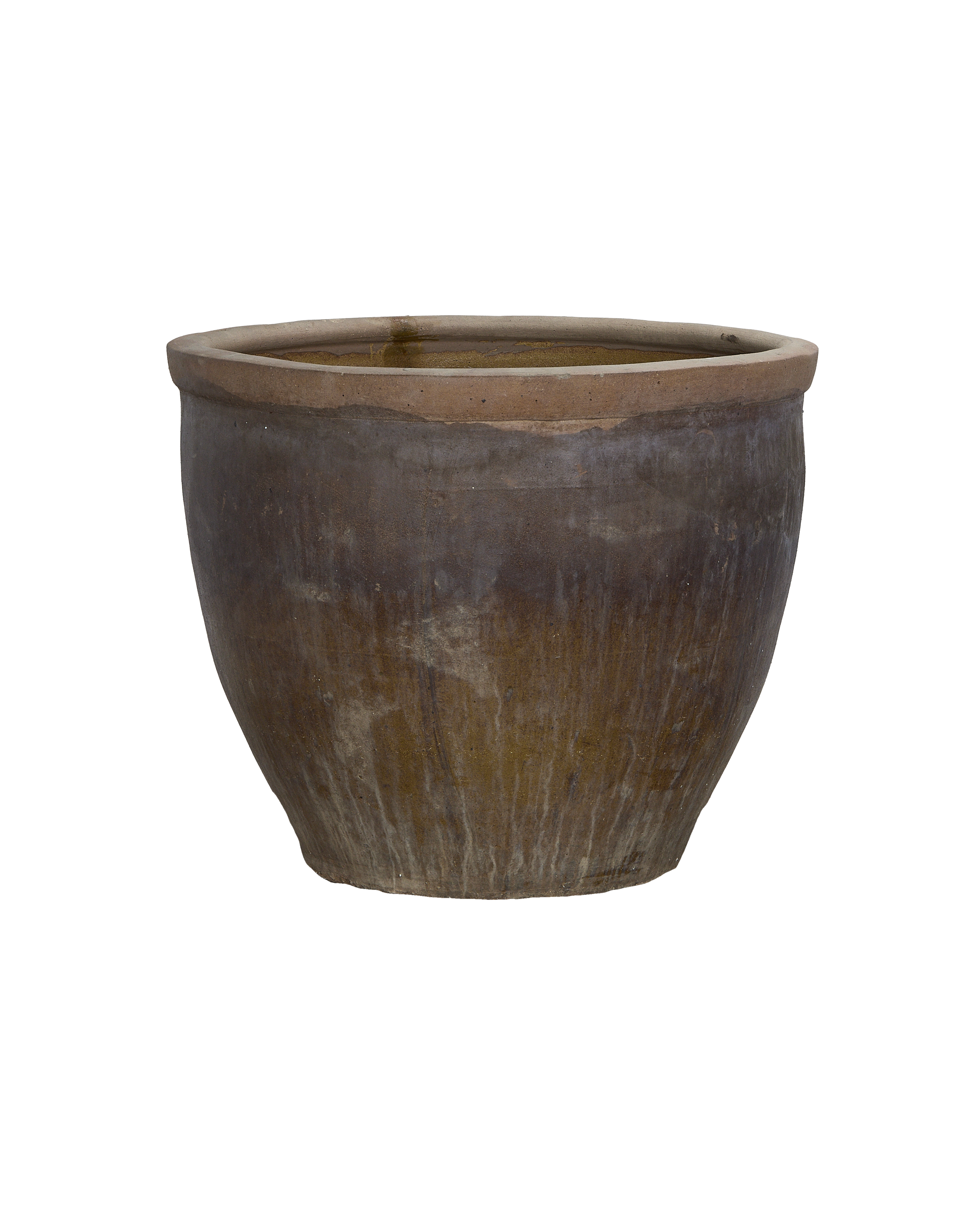 Vintage Chinese terracotta planter with weathered brown surface and visible rim, front view.