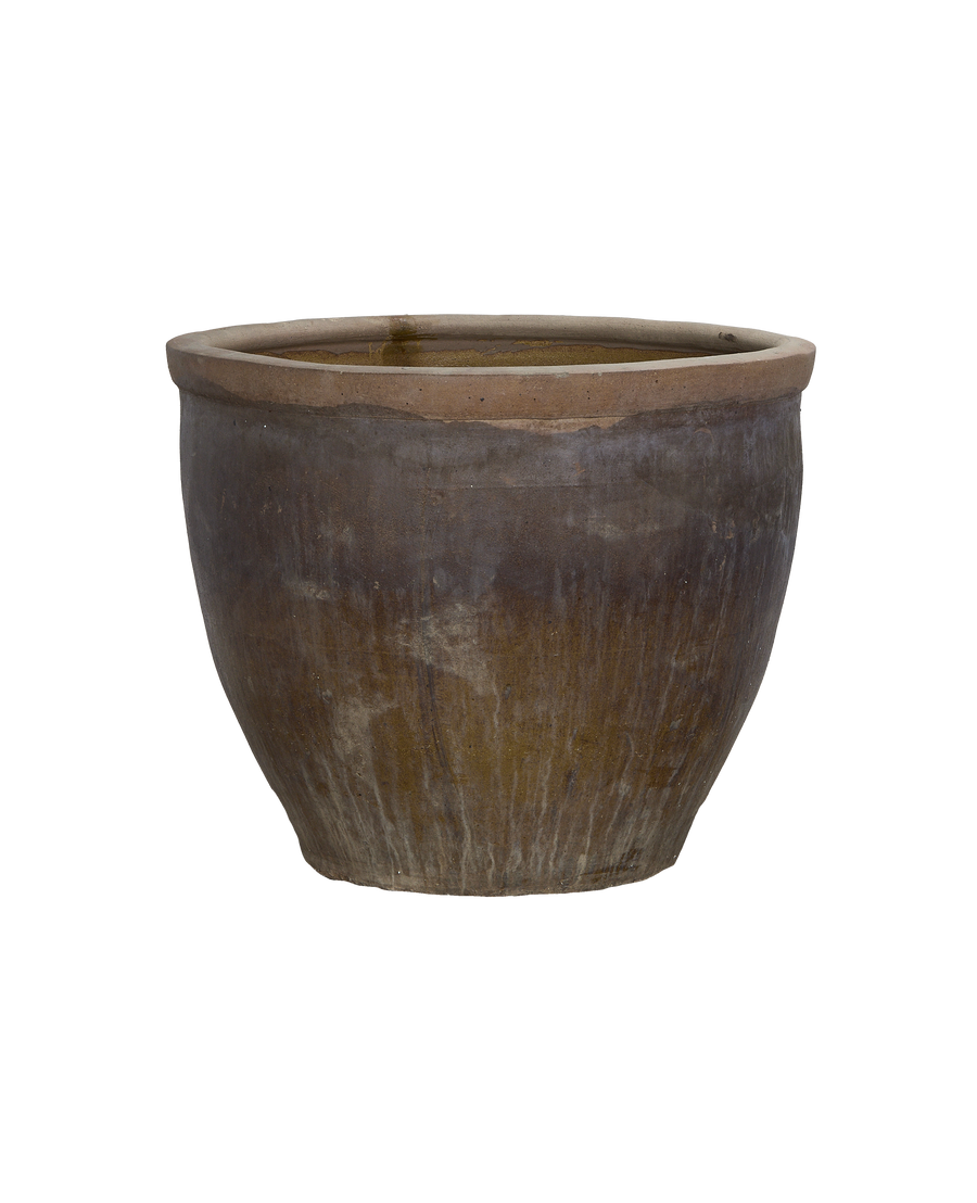 Vintage Chinese terracotta planter with weathered brown surface and visible rim, front view.