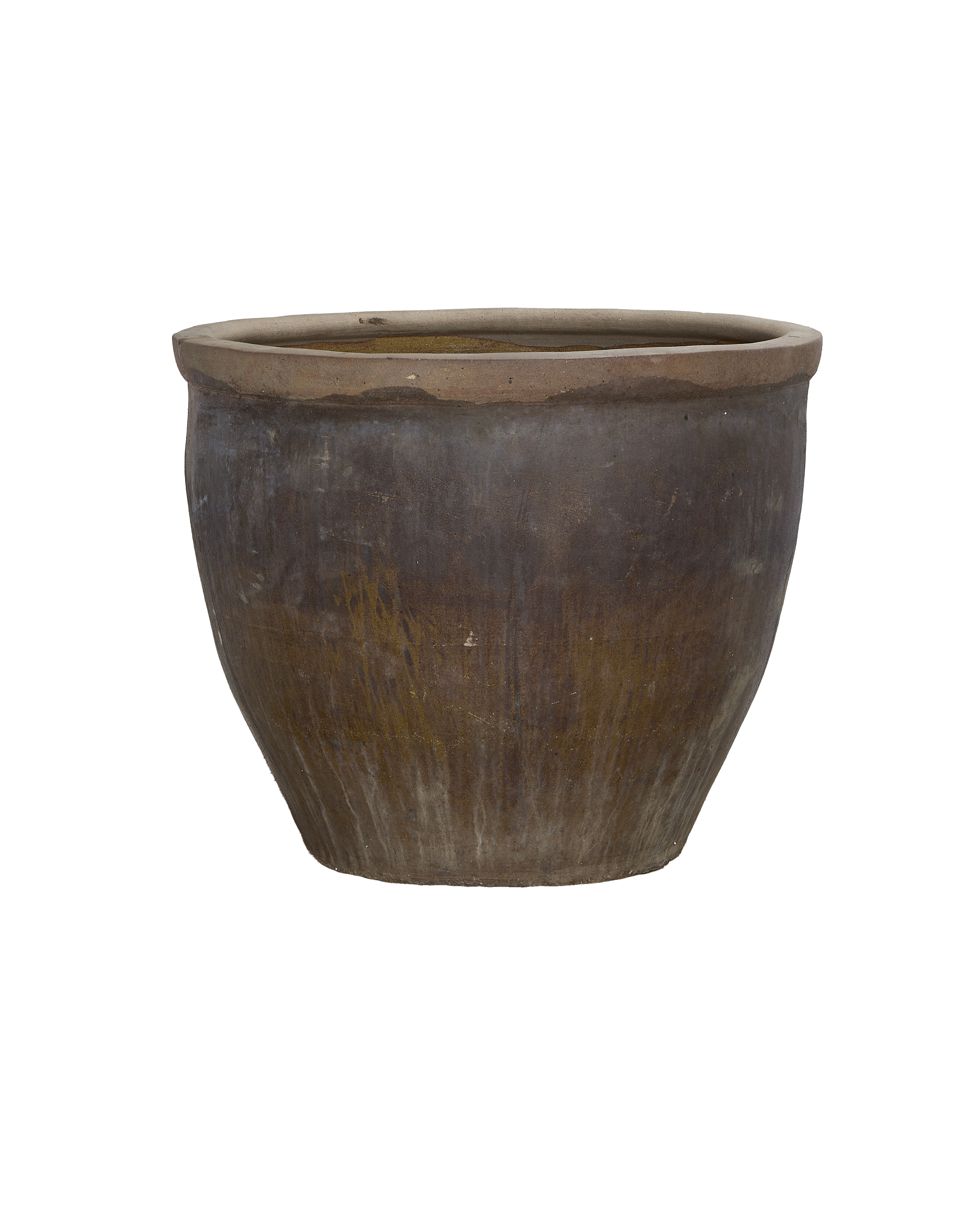 Vintage mulberry planter, side view highlighting faded rustic oak finish and rounded lip.