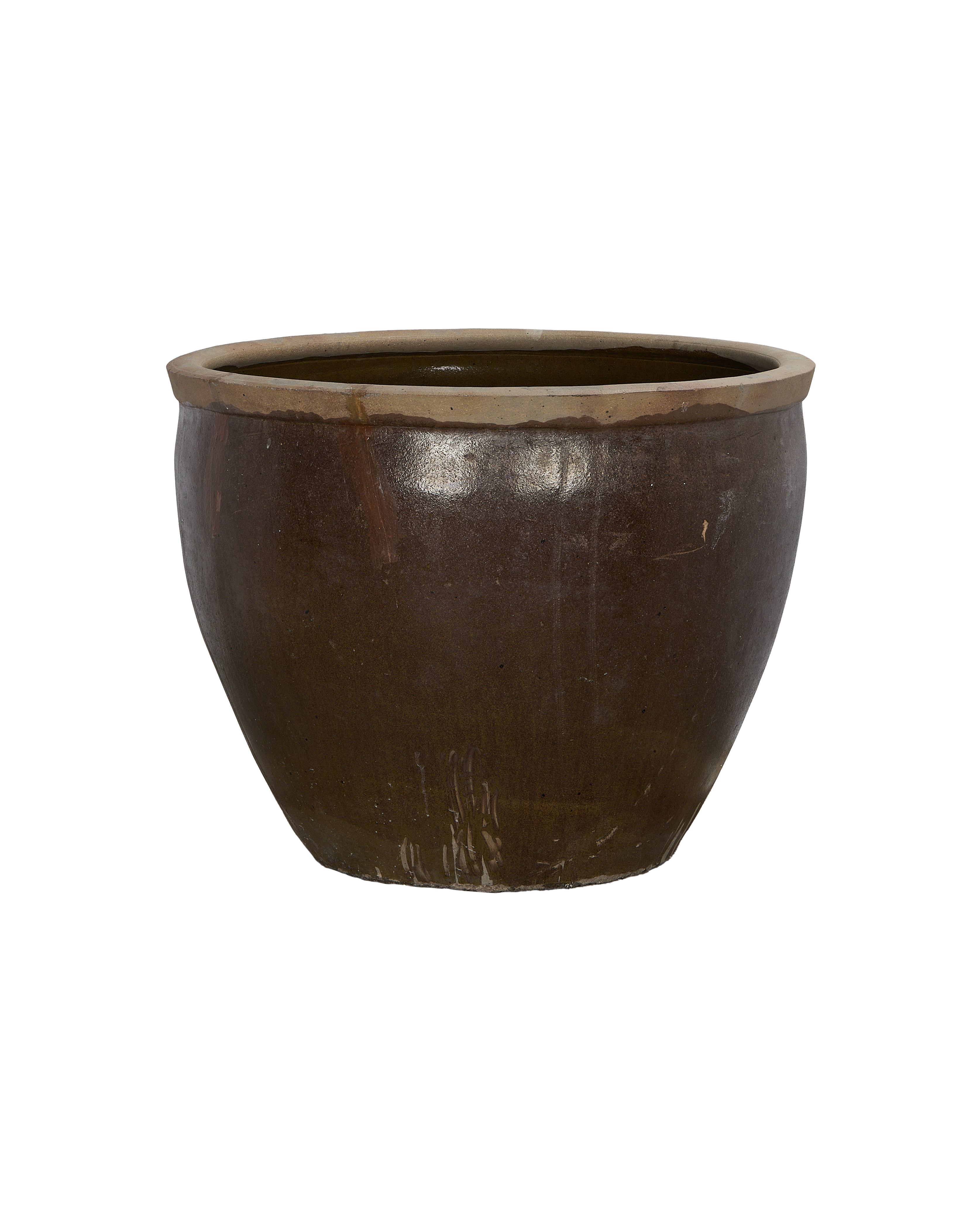 Vintage Chinese Mulberry Planter, brown ceramic with distressed finish, OAK style.