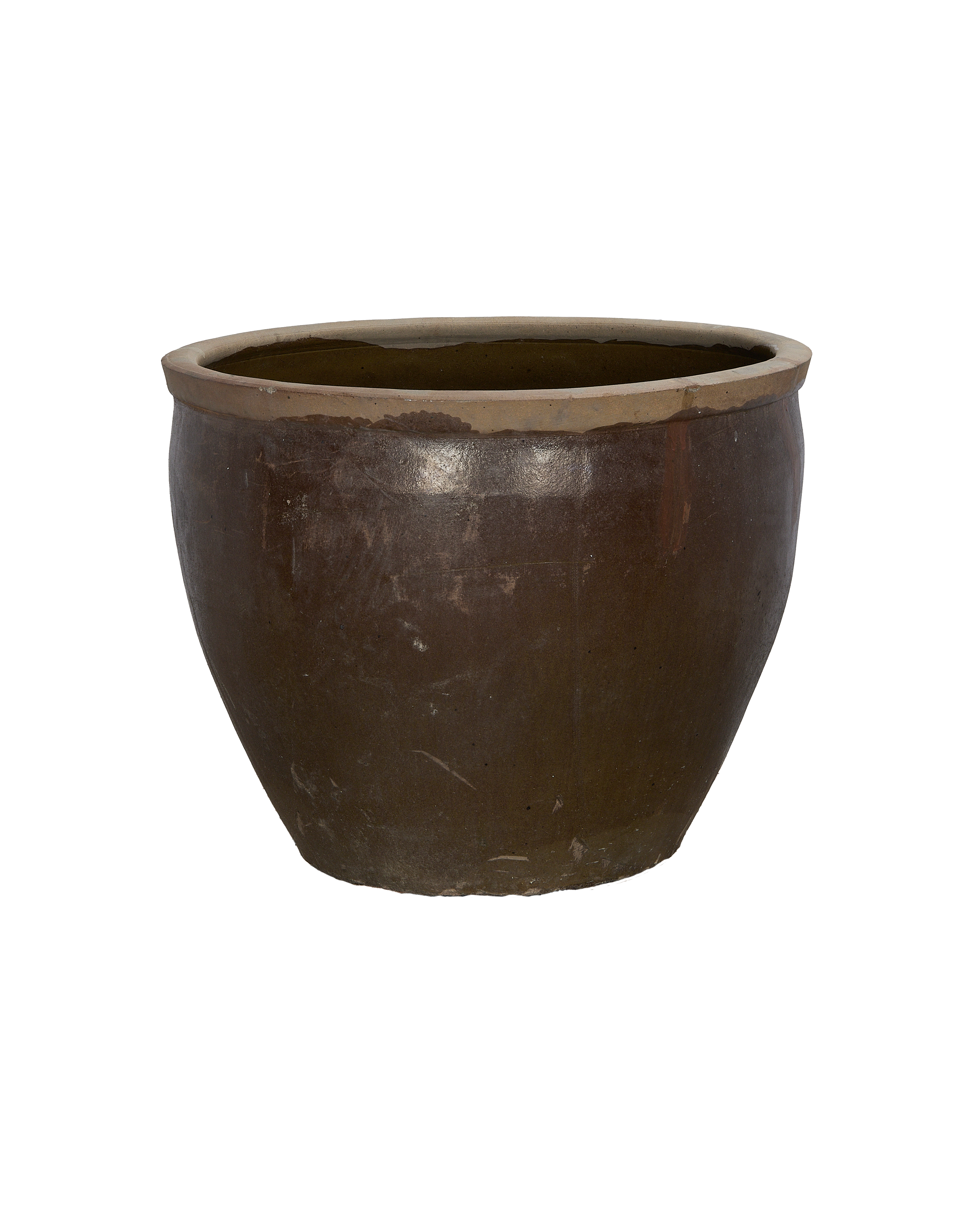 Vintage Chinese OAK mulberry planter, showing textured brown glaze and rim detail.