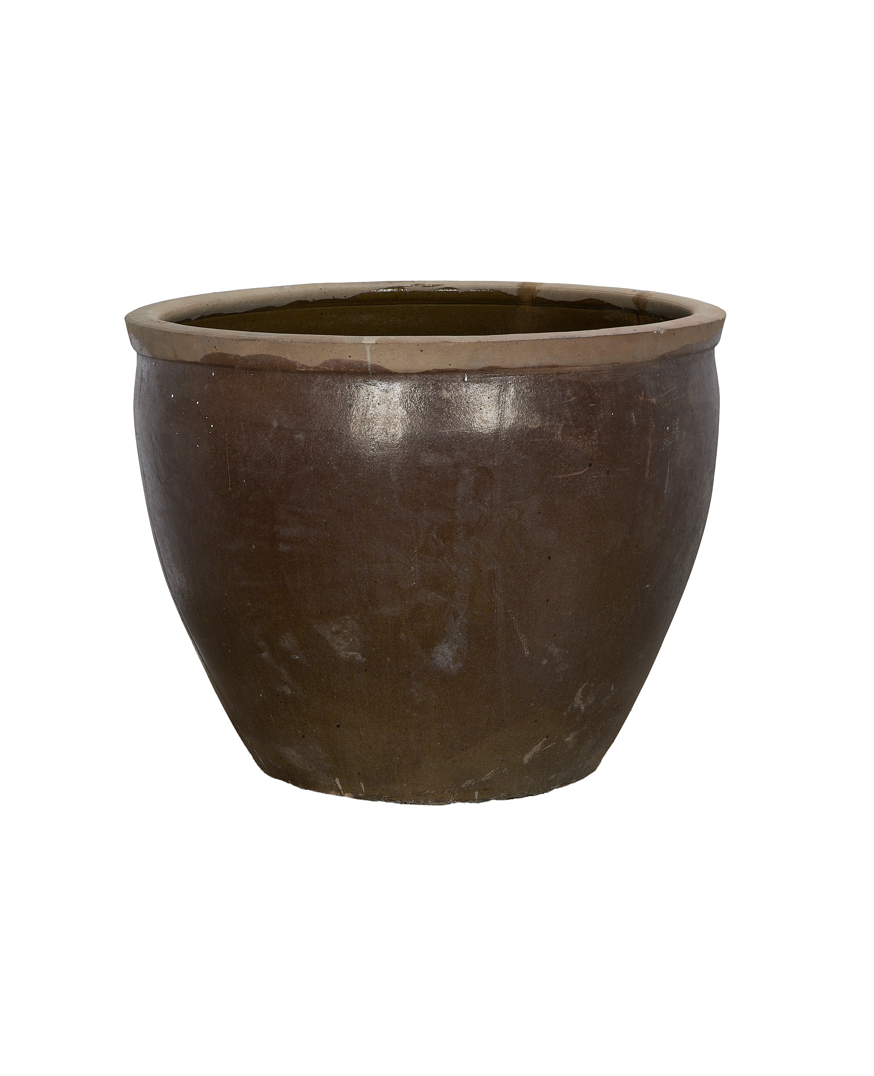 Chinese vintage Mulberry Planter, oak color, showing speckled side texture and round lip.