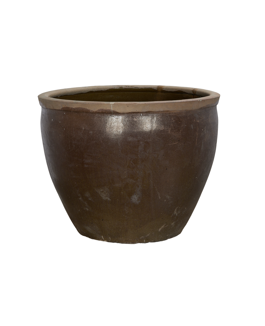 Chinese vintage Mulberry Planter, oak color, showing speckled side texture and round lip.