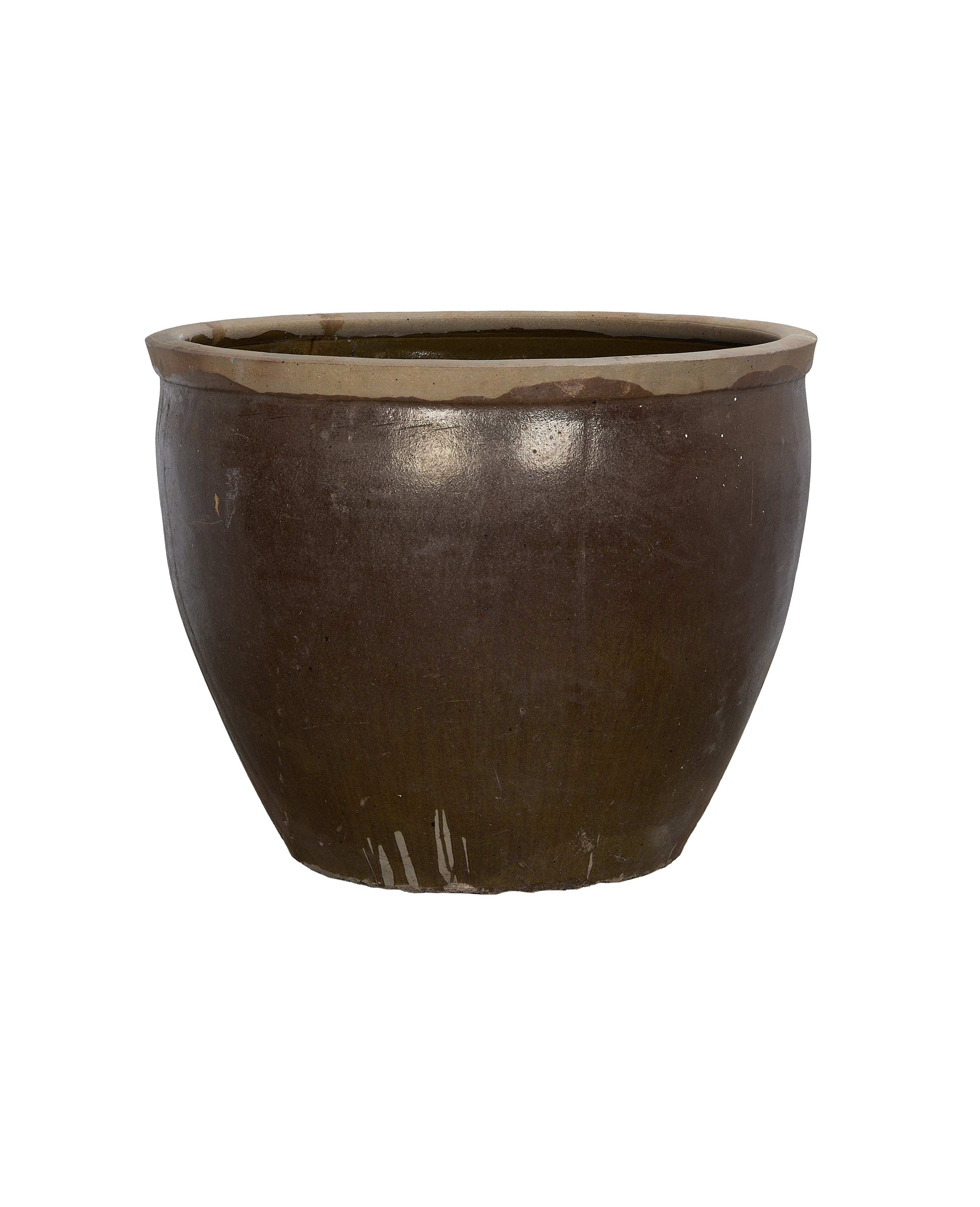 Vintage Chinese OAK Mulberry planter with textured brown glaze and light rim, showing patina.