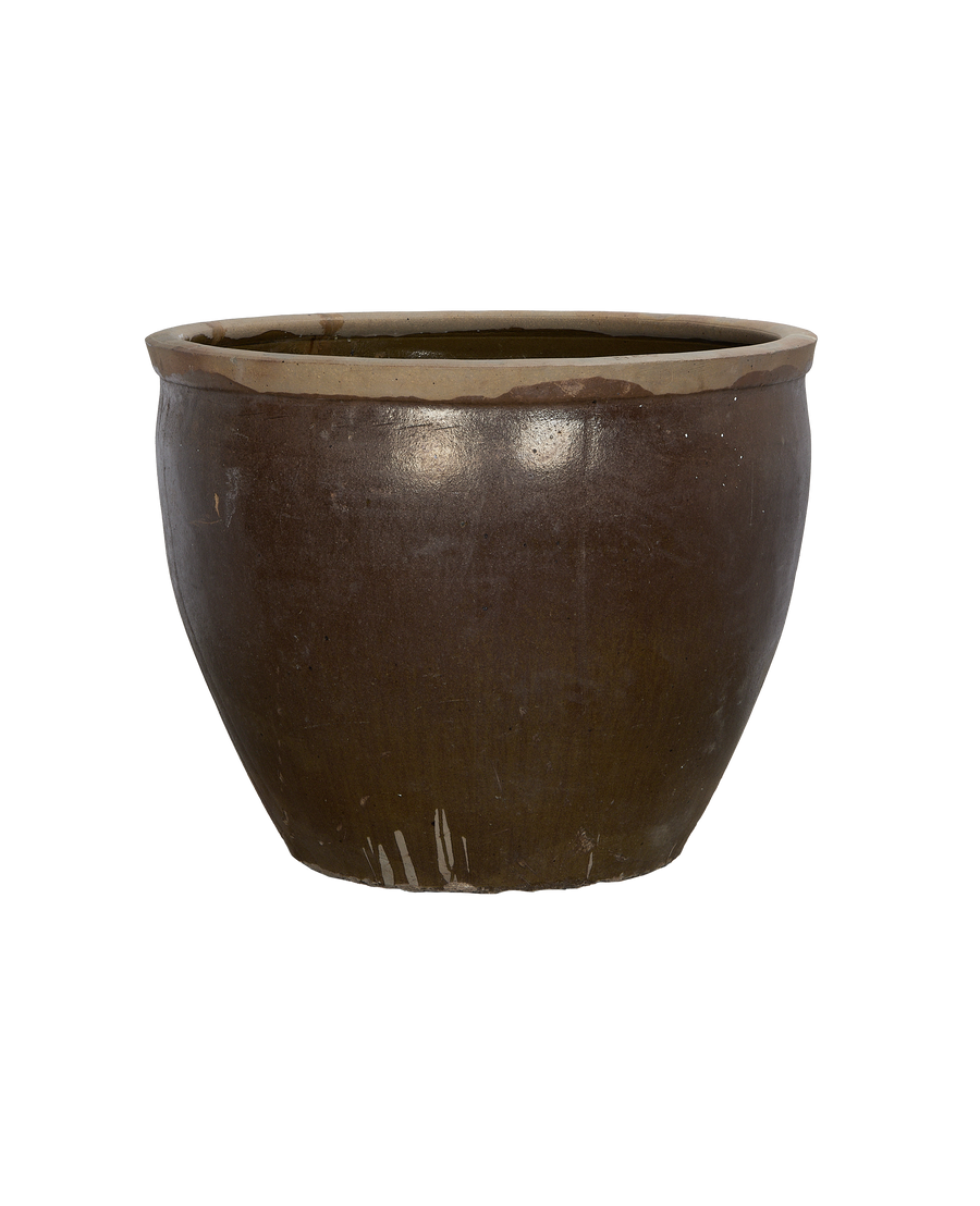 Vintage Chinese OAK Mulberry planter with textured brown glaze and light rim, showing patina.