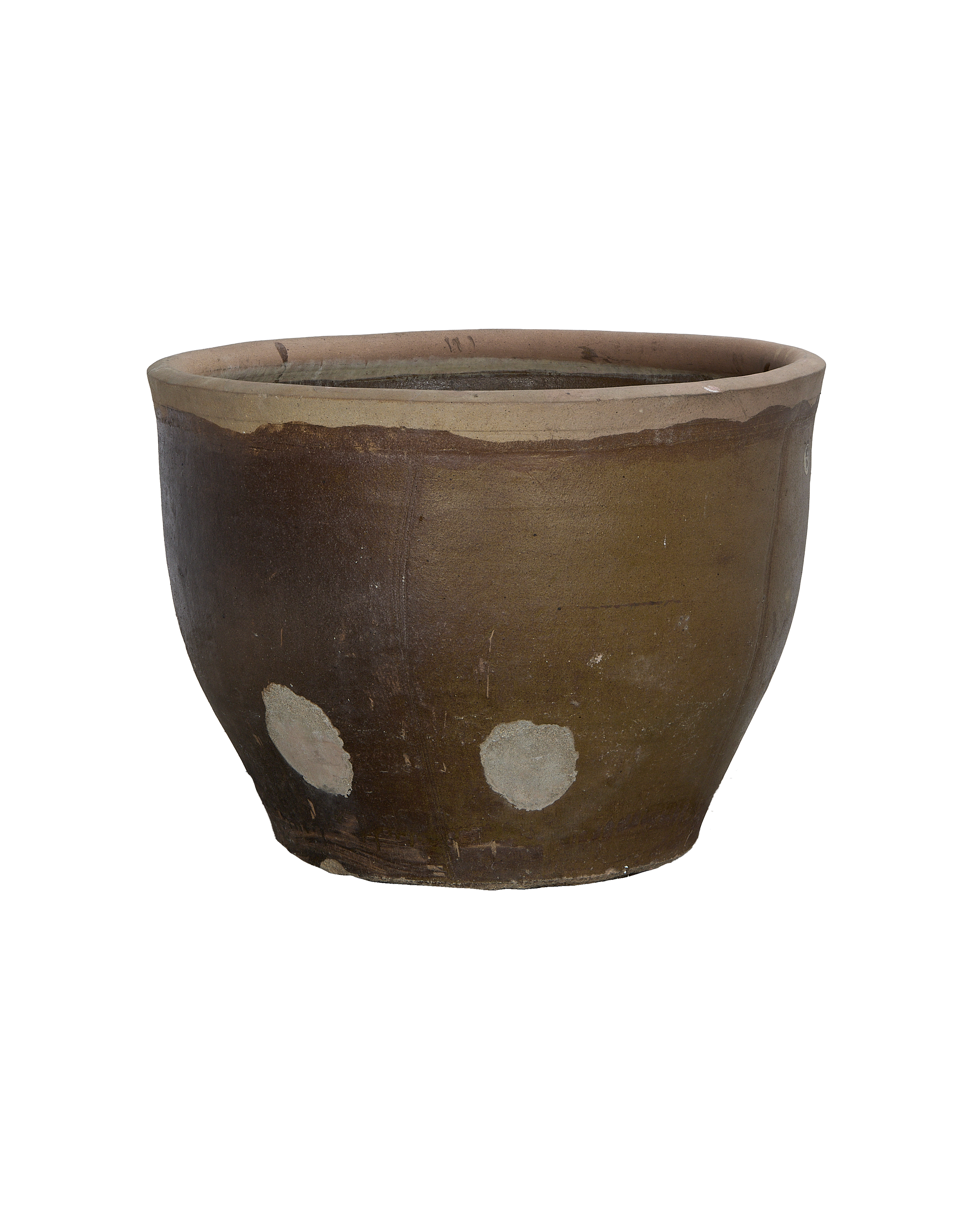 Vintage Chinese Mulberry planter, oak finish, showing aged surface and discoloration.
