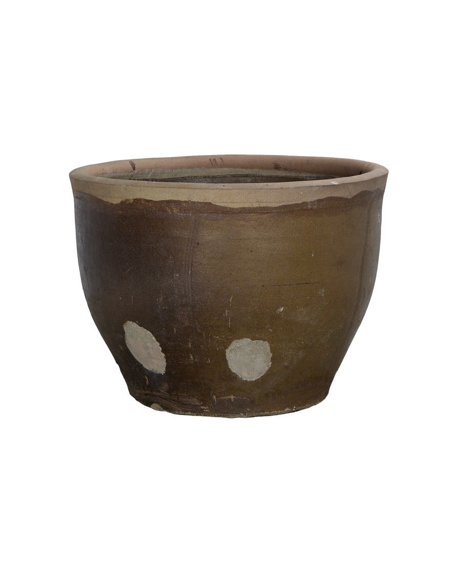 Vintage Chinese Mulberry planter, oak finish, showing aged surface and discoloration.