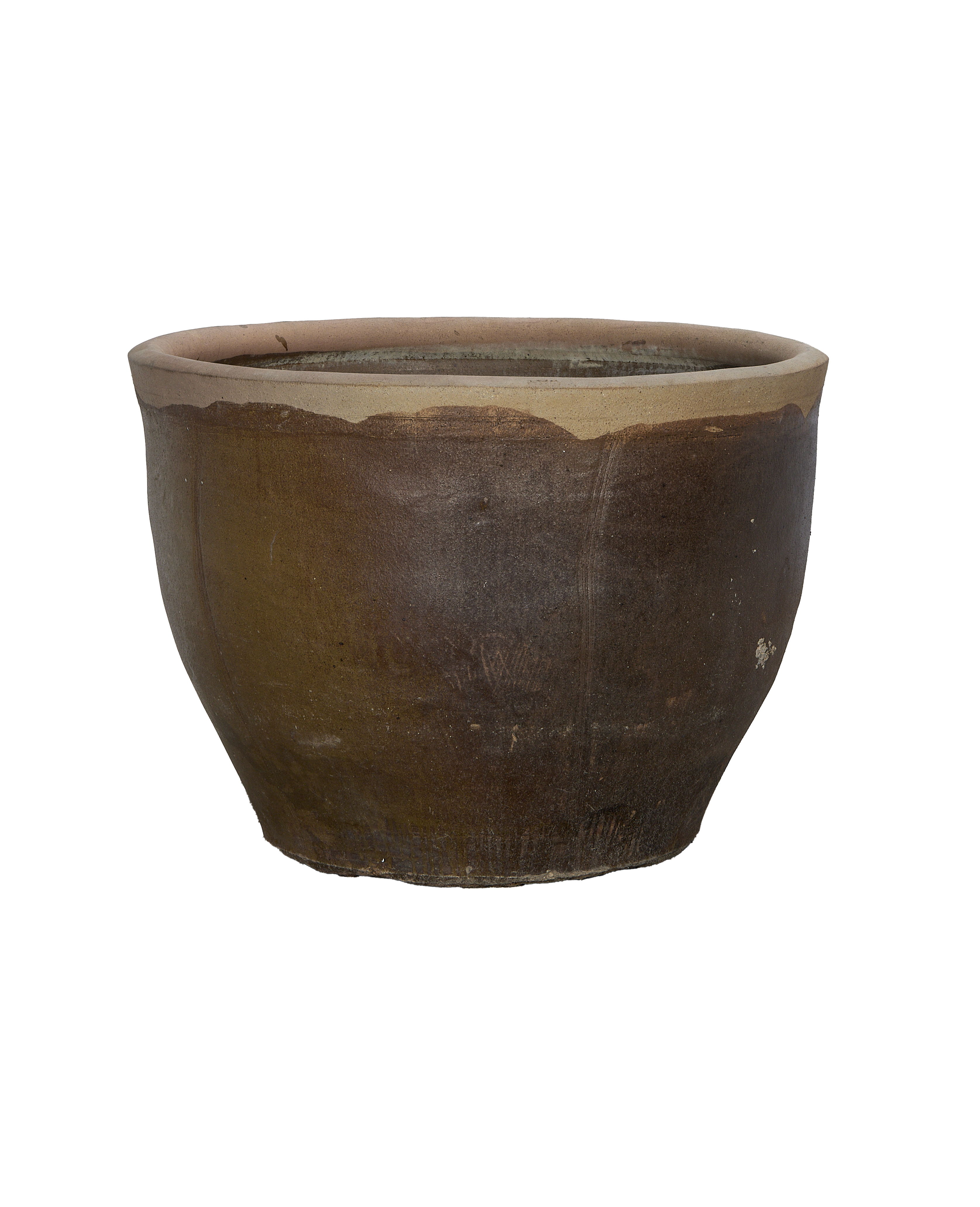 Vintage Chinese OAK mulberry planter, wide top-down view showing interior rim and weathered clay.