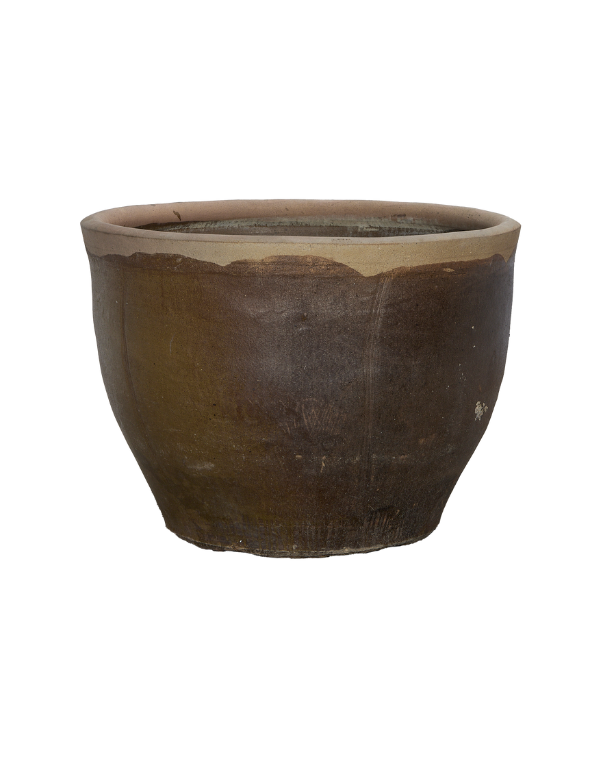 Vintage Chinese OAK mulberry planter, wide top-down view showing interior rim and weathered clay.