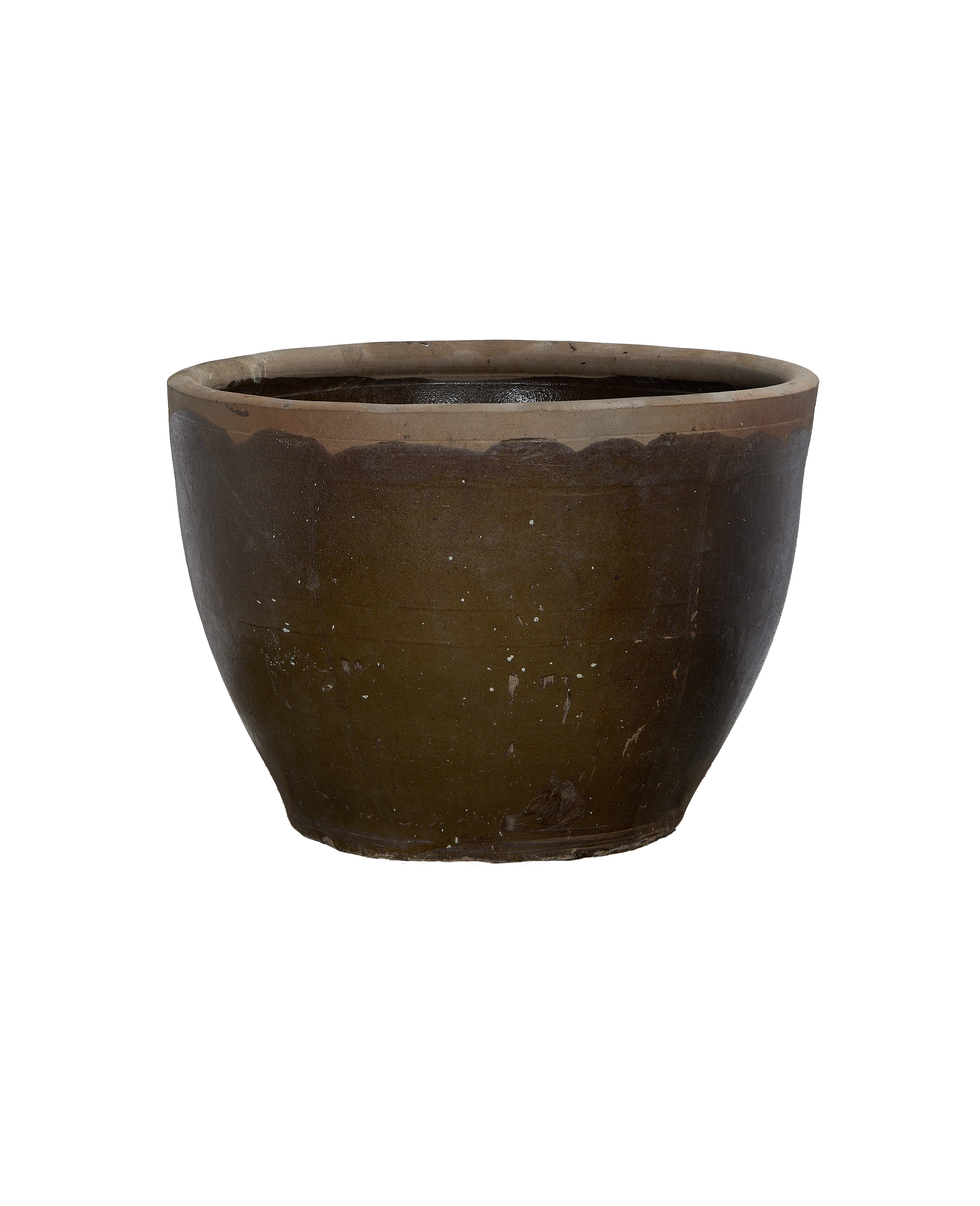Vintage Chinese mulberry planter, curved earthen body with raw clay rim, distressed condition.