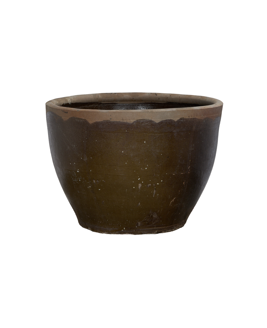 Vintage Chinese mulberry planter, curved earthen body with raw clay rim, distressed condition.