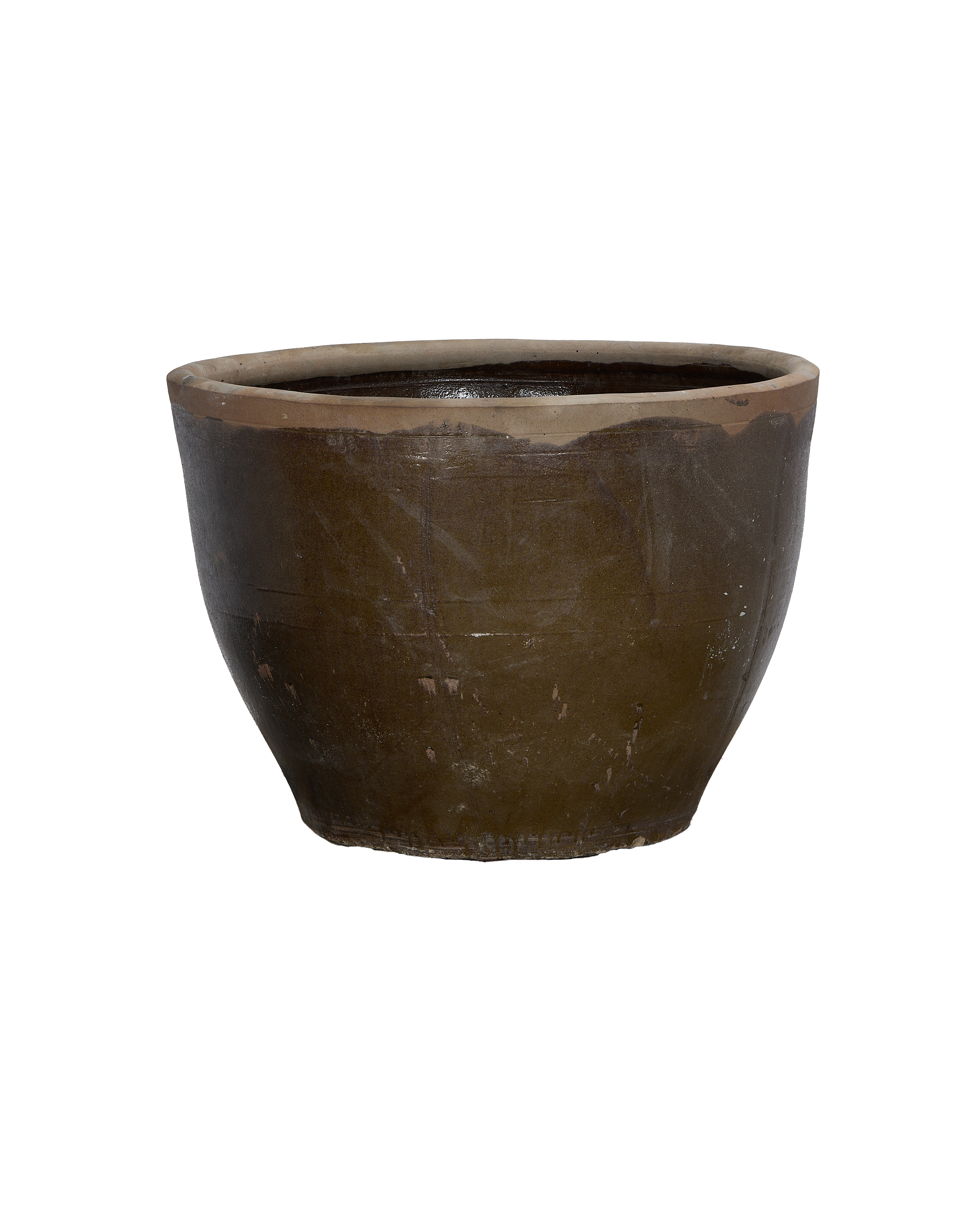 Vintage Chinese OAK Mulberry planter, showing slightly distressed dark green glaze and rim detail.