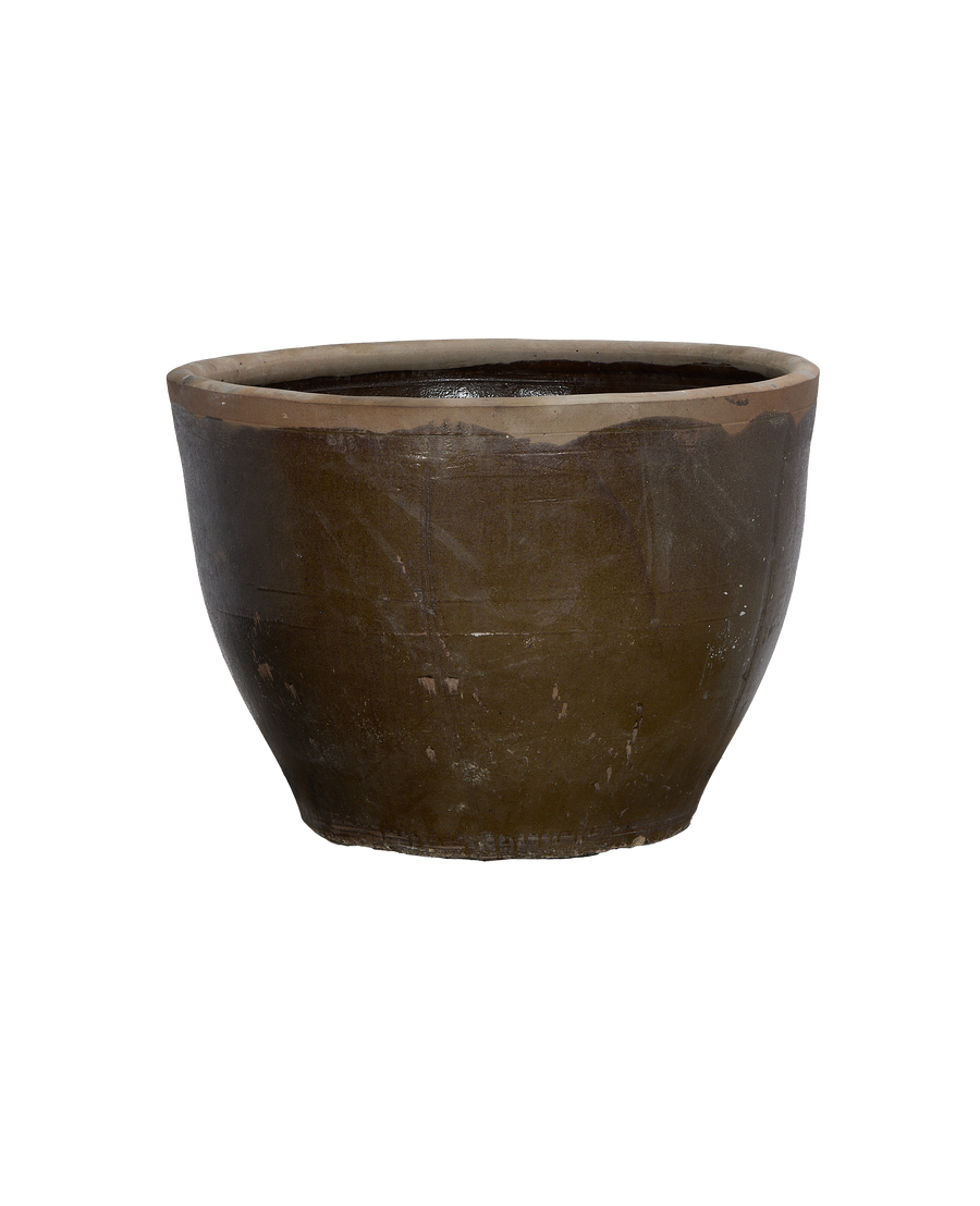 Vintage Chinese OAK Mulberry planter, showing slightly distressed dark green glaze and rim detail.