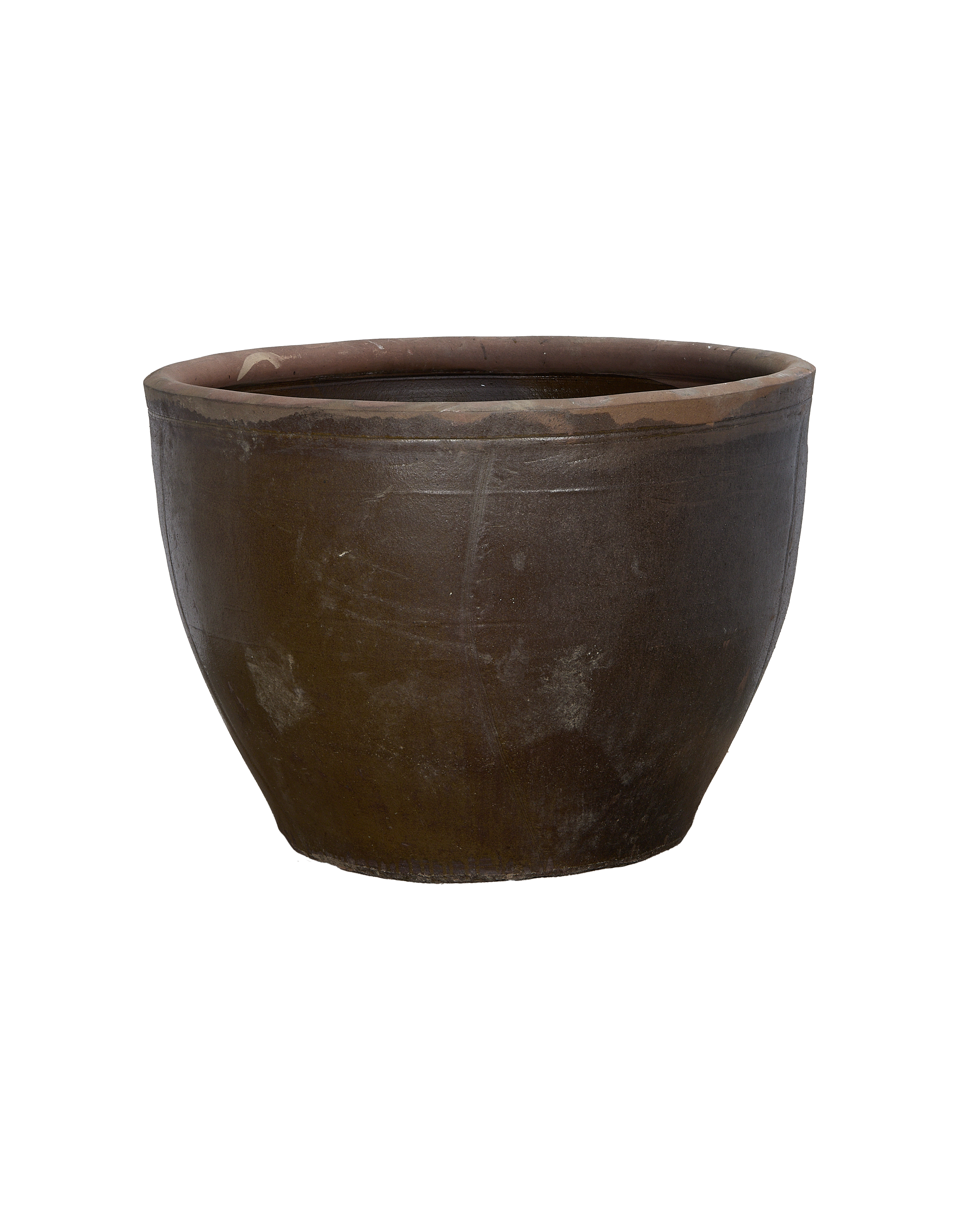 Vintage Chinese Mulberry Planter, round dark oak wood pot, aged patina.
