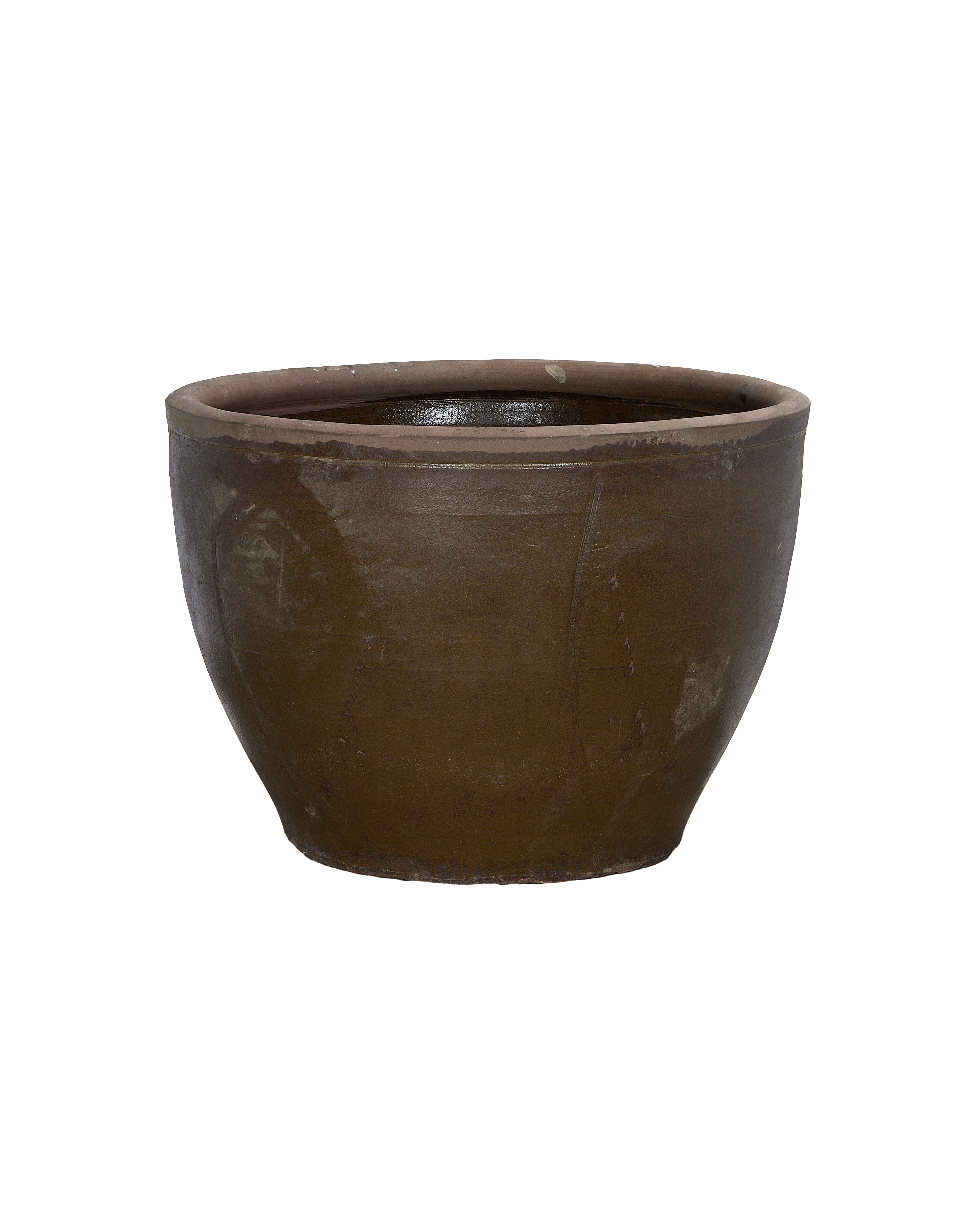 Vintage Chinese mulberry oak planter, showing its worn, textured exterior and interior rim.