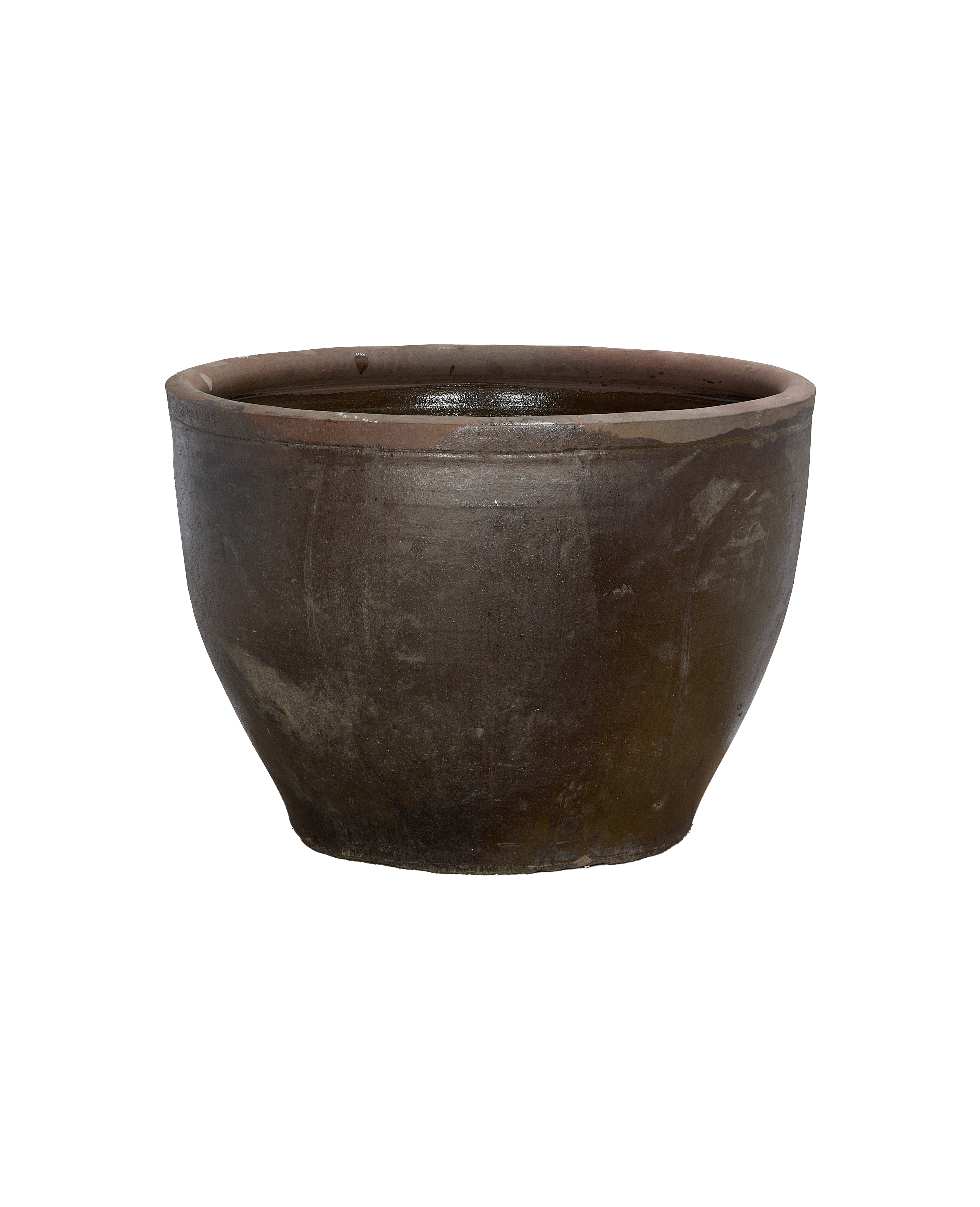 Vintage Mulberry planter, dark brown ceramic pot with distressed surface, from China.