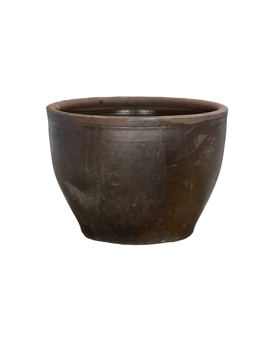 Vintage Mulberry planter, dark brown ceramic pot with distressed surface, from China.