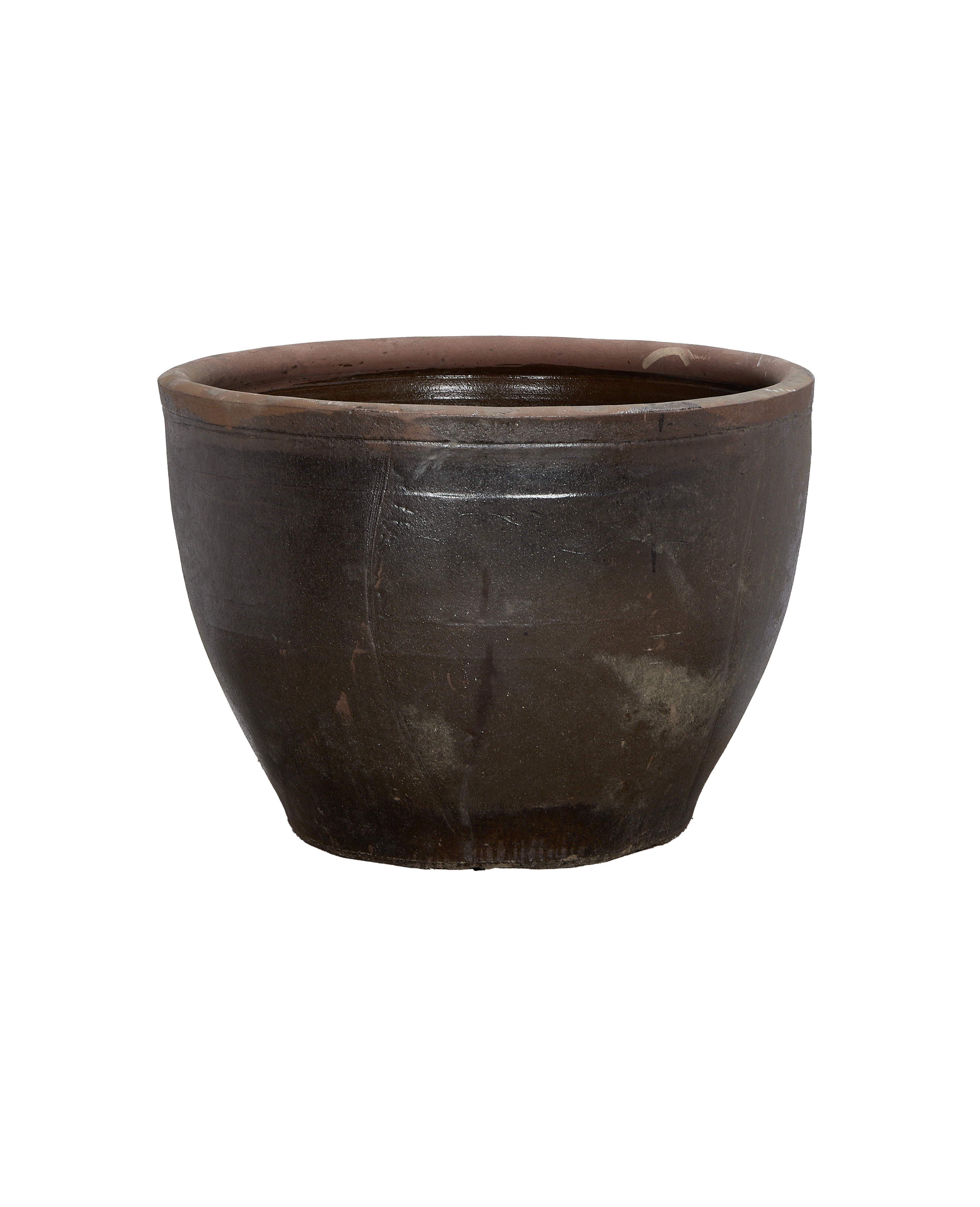 Vintage Chinese OAK mulberry planter, blackish-brown ceramic, showcasing slight exterior wear and smooth rim.