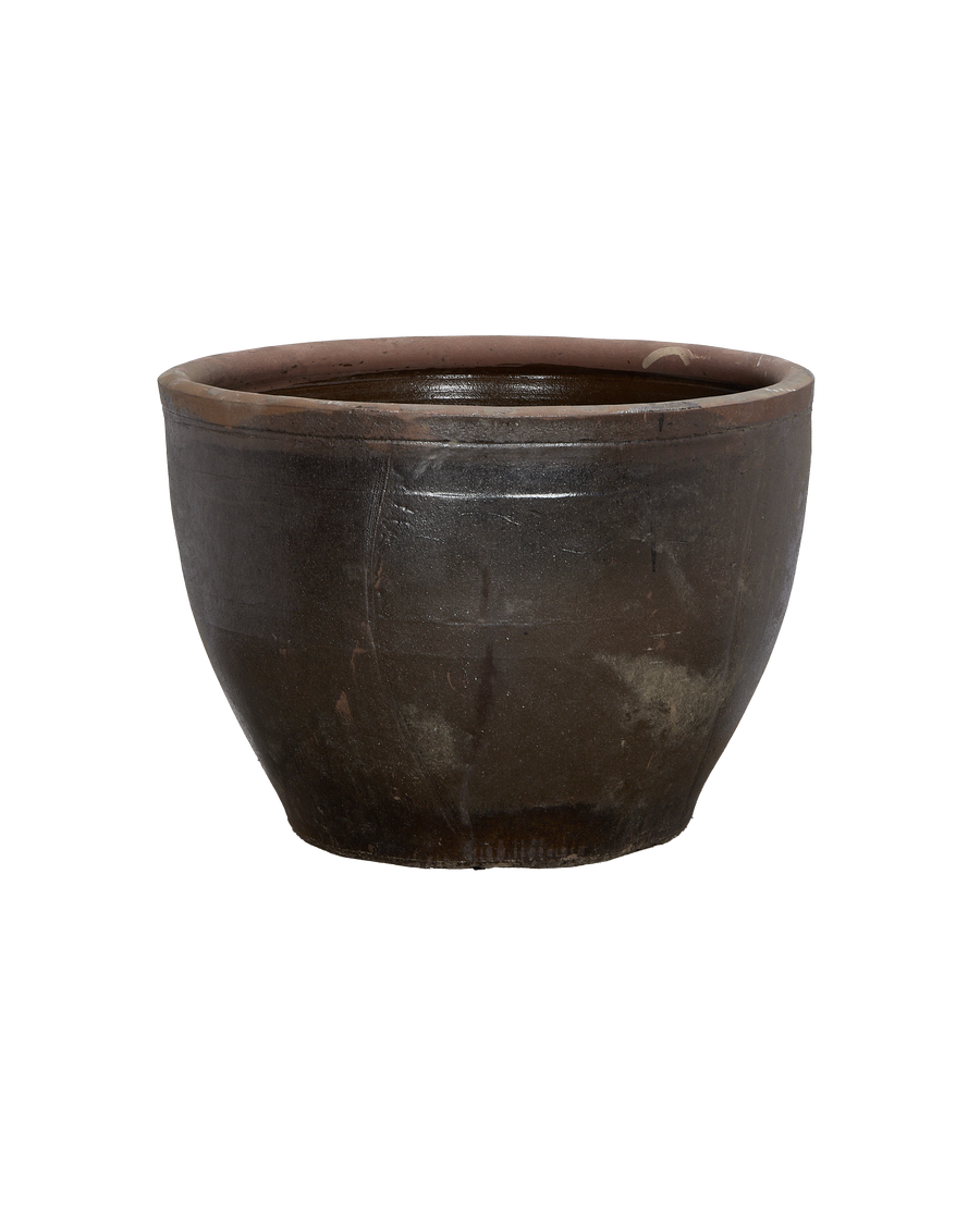 Vintage Chinese OAK mulberry planter, blackish-brown ceramic, showcasing slight exterior wear and smooth rim.