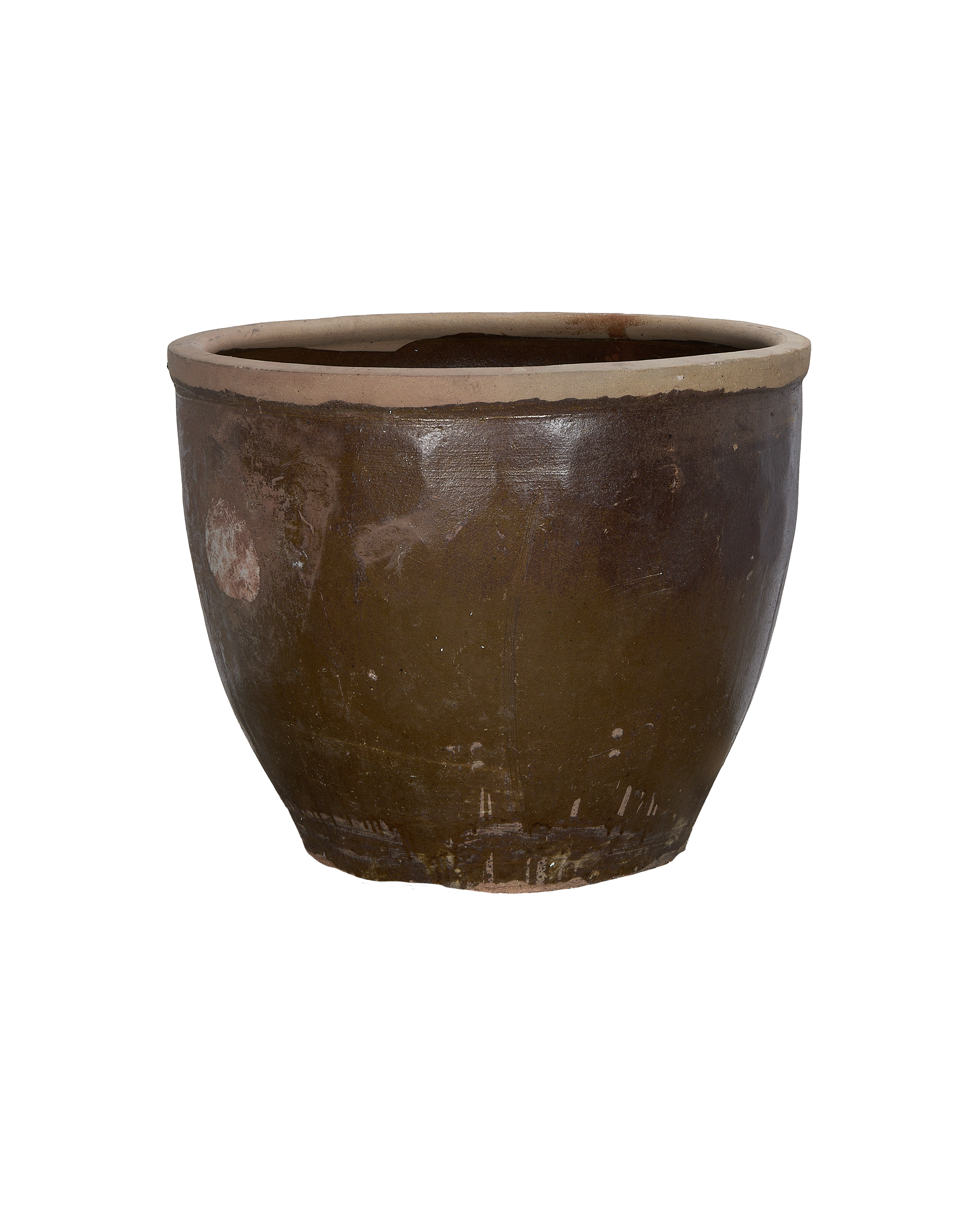 Vintage Chinese Mulberry style planter, glazed brown ceramic with rustic patina.