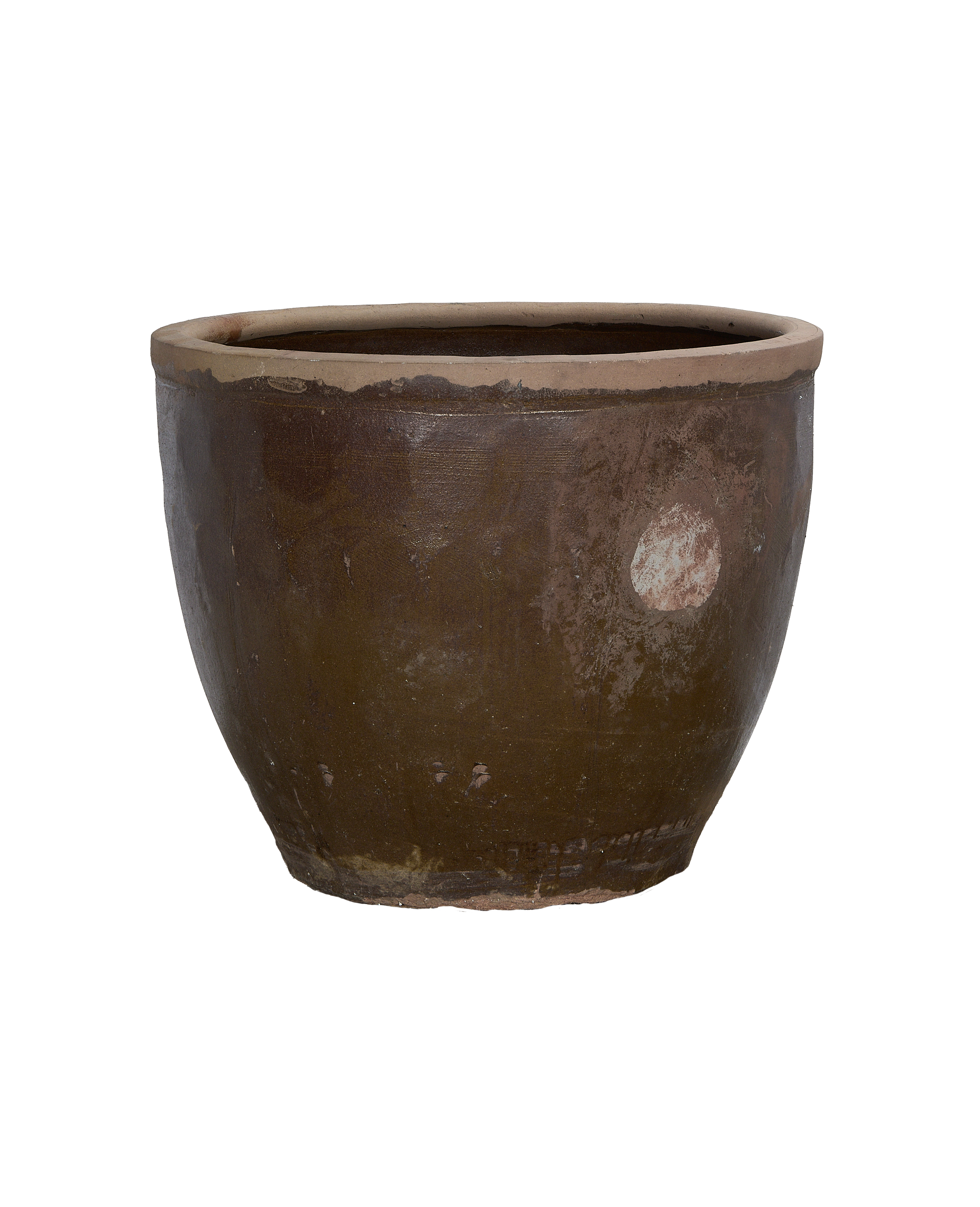 Vintage Chinese Mulberry Planter, showing weathered brown glaze, textured rim, and base.