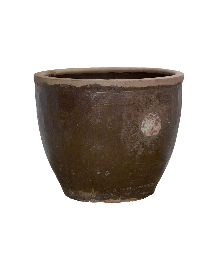 Vintage Chinese Mulberry Planter, showing weathered brown glaze, textured rim, and base.