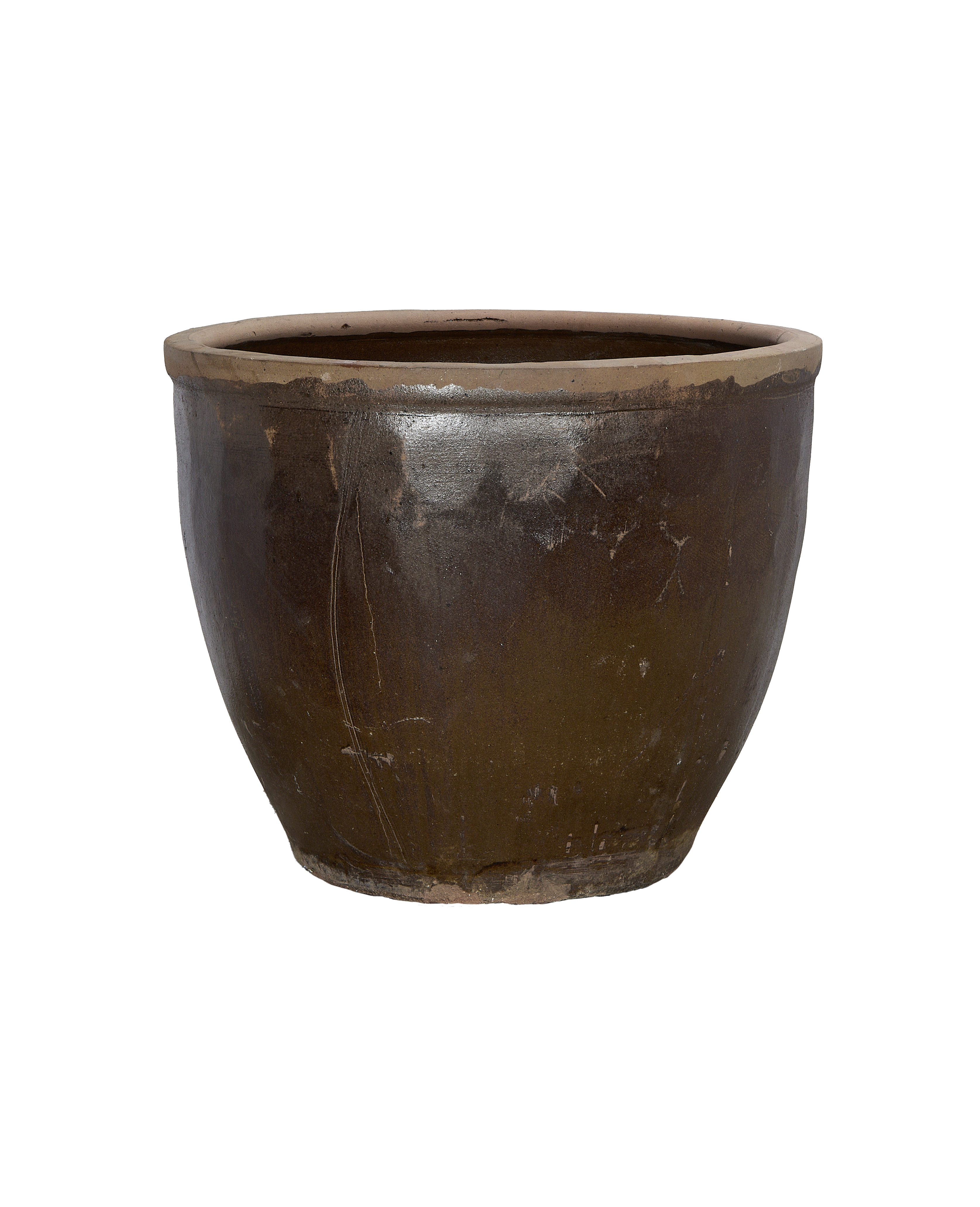 Vintage Chinese brown glazed ceramic Mulberry Planter, showing textured surface condition from a slightly high angle.