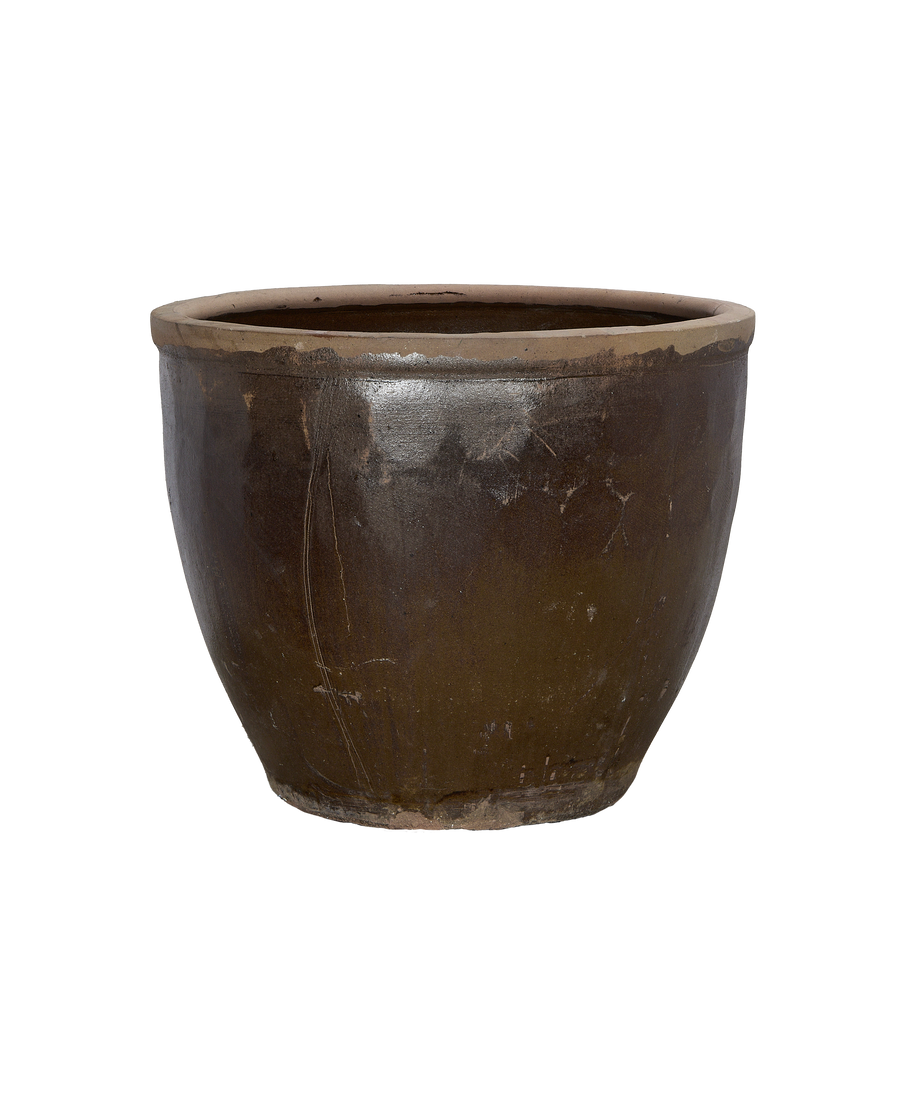 Vintage Chinese brown glazed ceramic Mulberry Planter, showing textured surface condition from a slightly high angle.