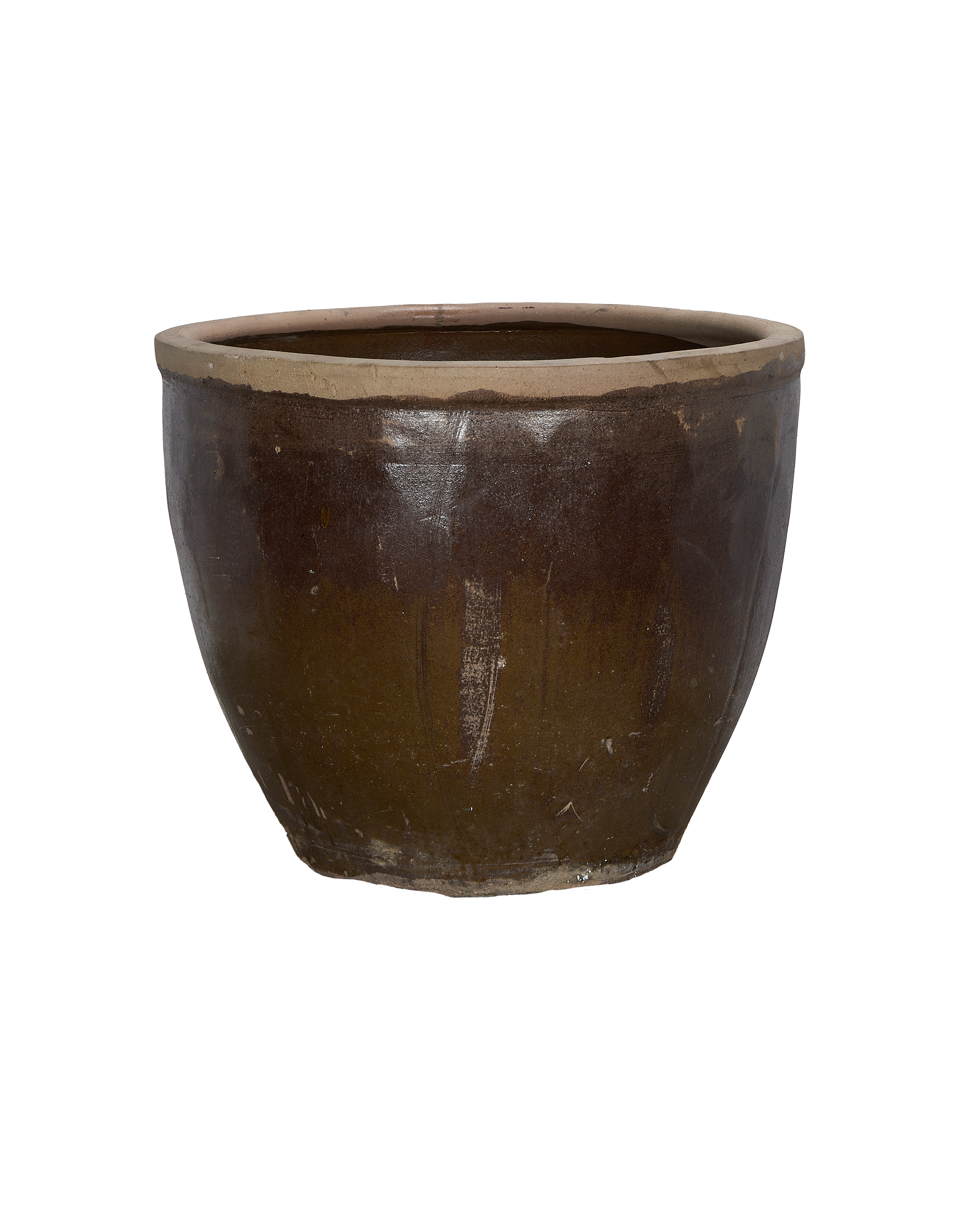 Vintage mulberry planter from China, showcasing its textured, aged brown earthenware in a side view.