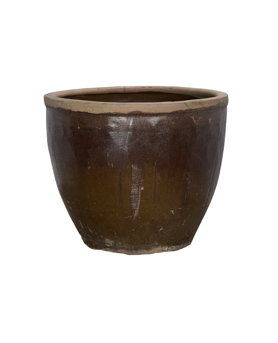 Vintage mulberry planter from China, showcasing its textured, aged brown earthenware in a side view.