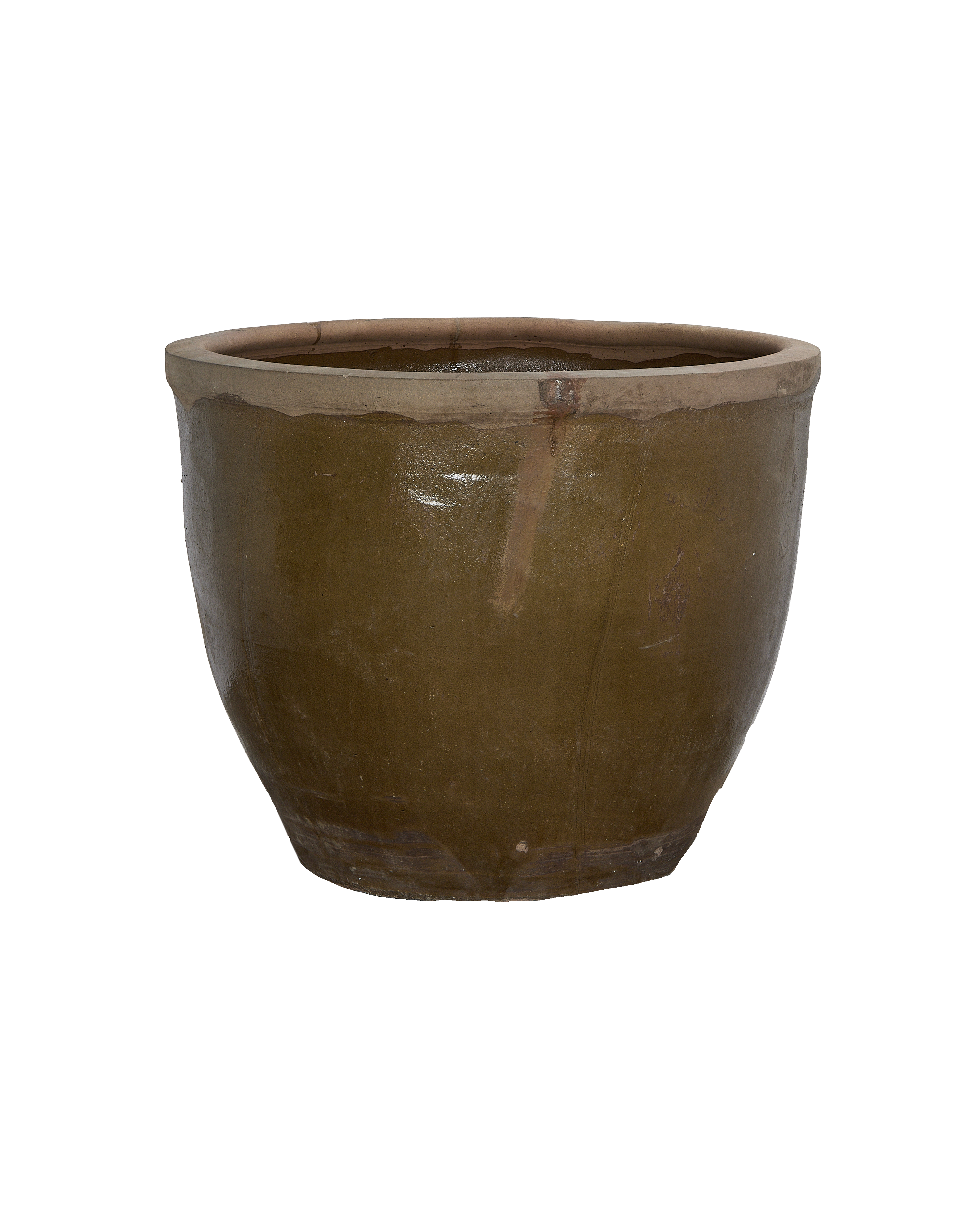 Vintage Chinese Mulberry planter, glazed dark olive green ceramic, with rustic rolled rim.