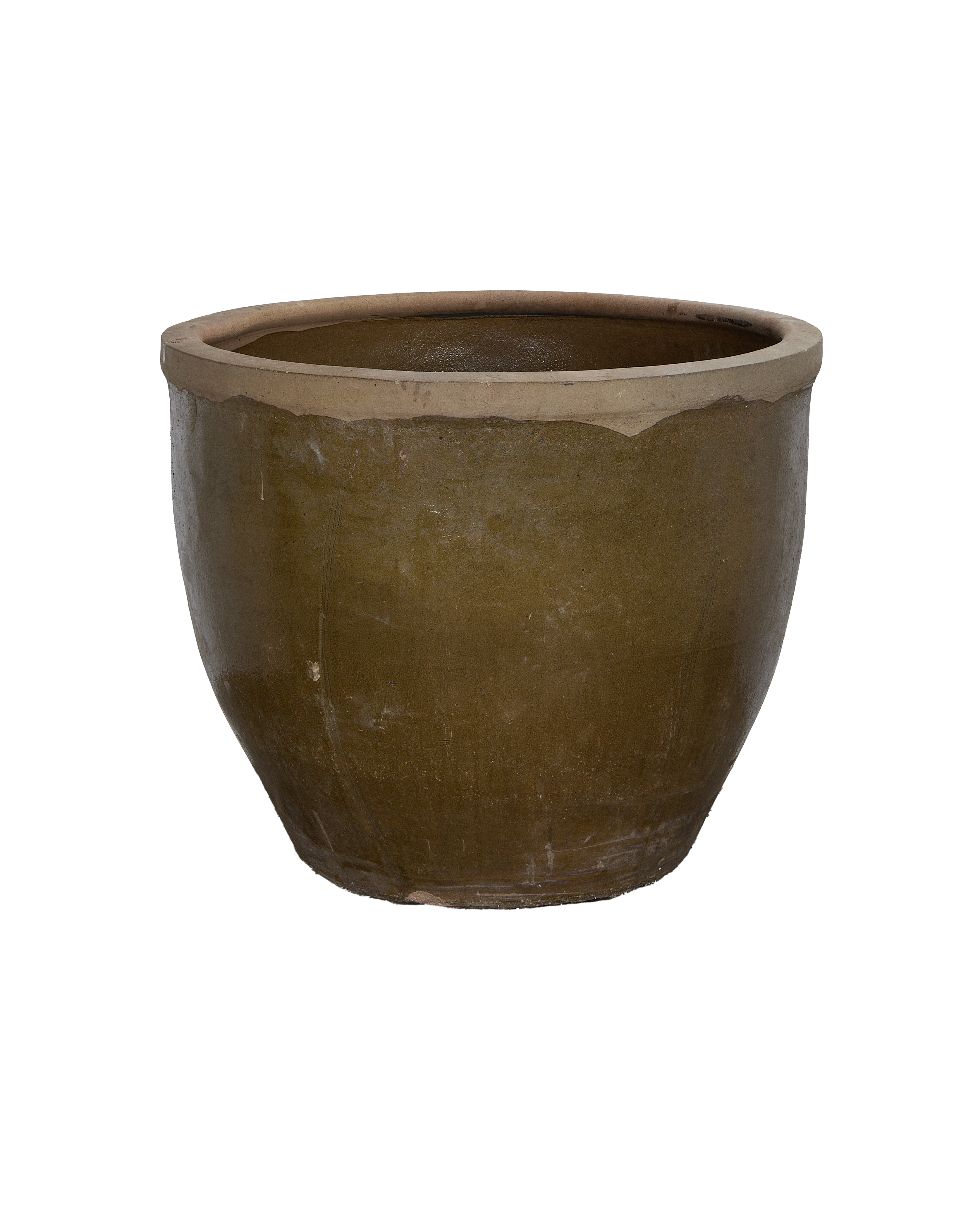 Vintage Chinese Mulberry Planter, oak glaze, showing weathered rim detail and texture.