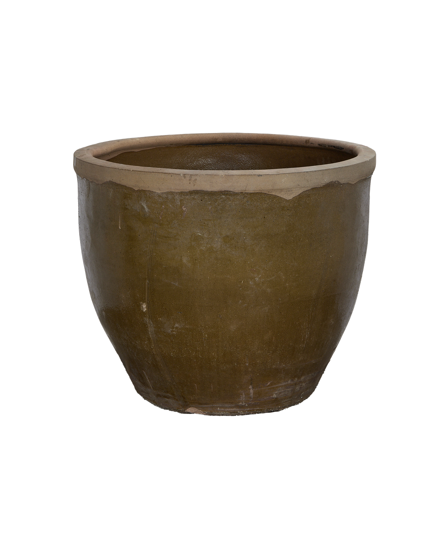 Vintage Chinese Mulberry Planter, oak glaze, showing weathered rim detail and texture.