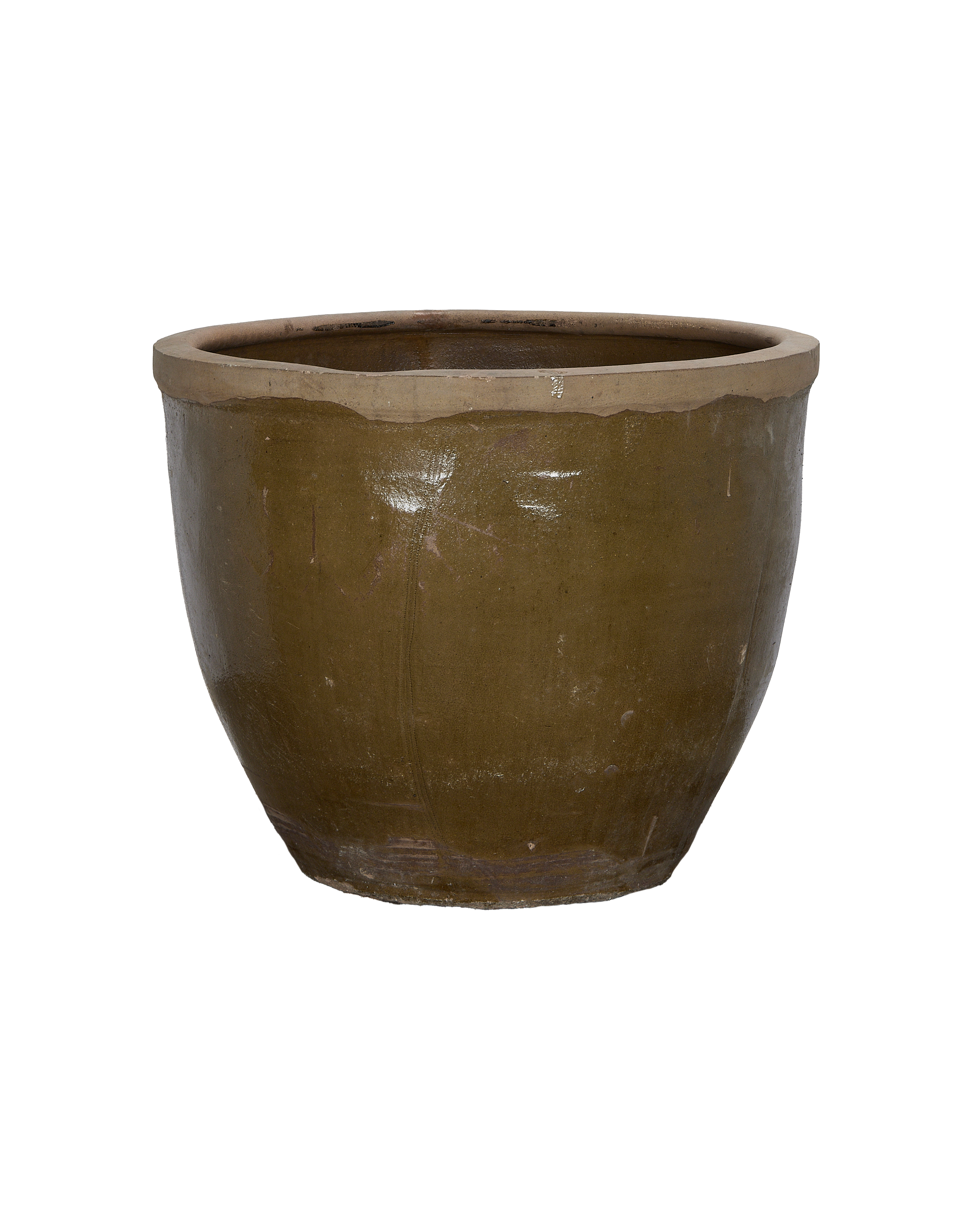 Vintage Chinese mulberry pottery planter, oak color, showing weathered rim and subtle texture.