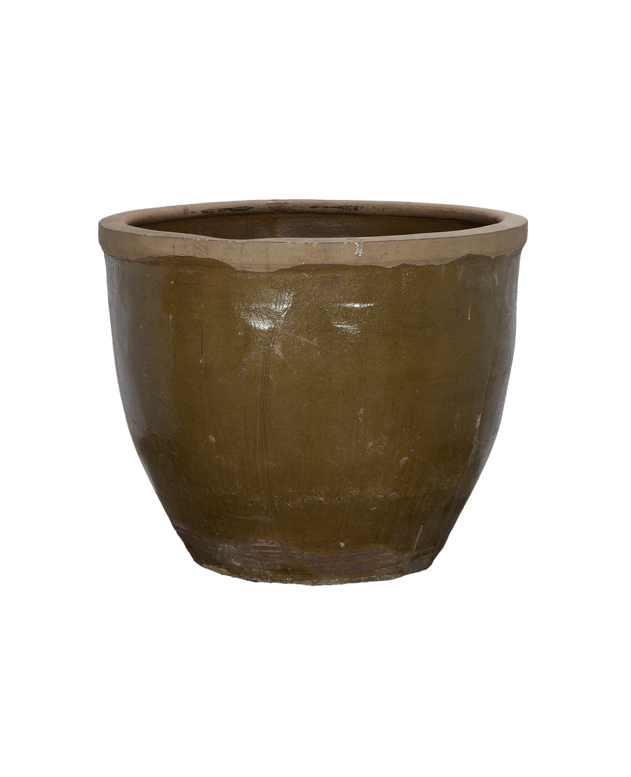 Vintage Chinese mulberry pottery planter, oak color, showing weathered rim and subtle texture.