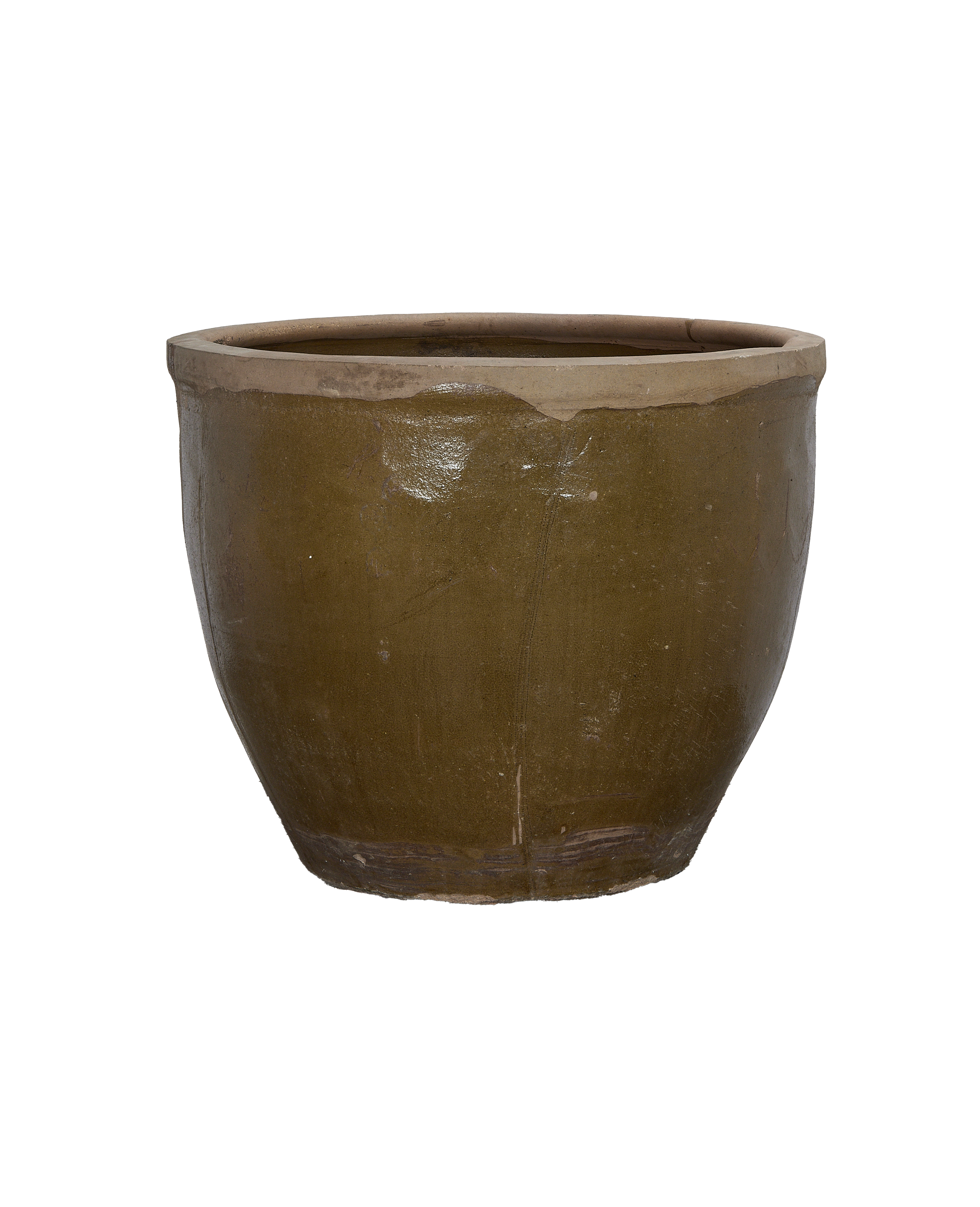 Vintage Chinese Mulberry Planter, OAK, bowl-shaped with weathered olive green glaze.