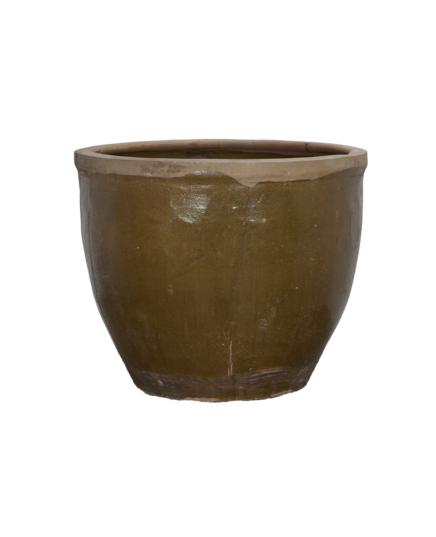 Vintage Chinese Mulberry Planter, OAK, bowl-shaped with weathered olive green glaze.