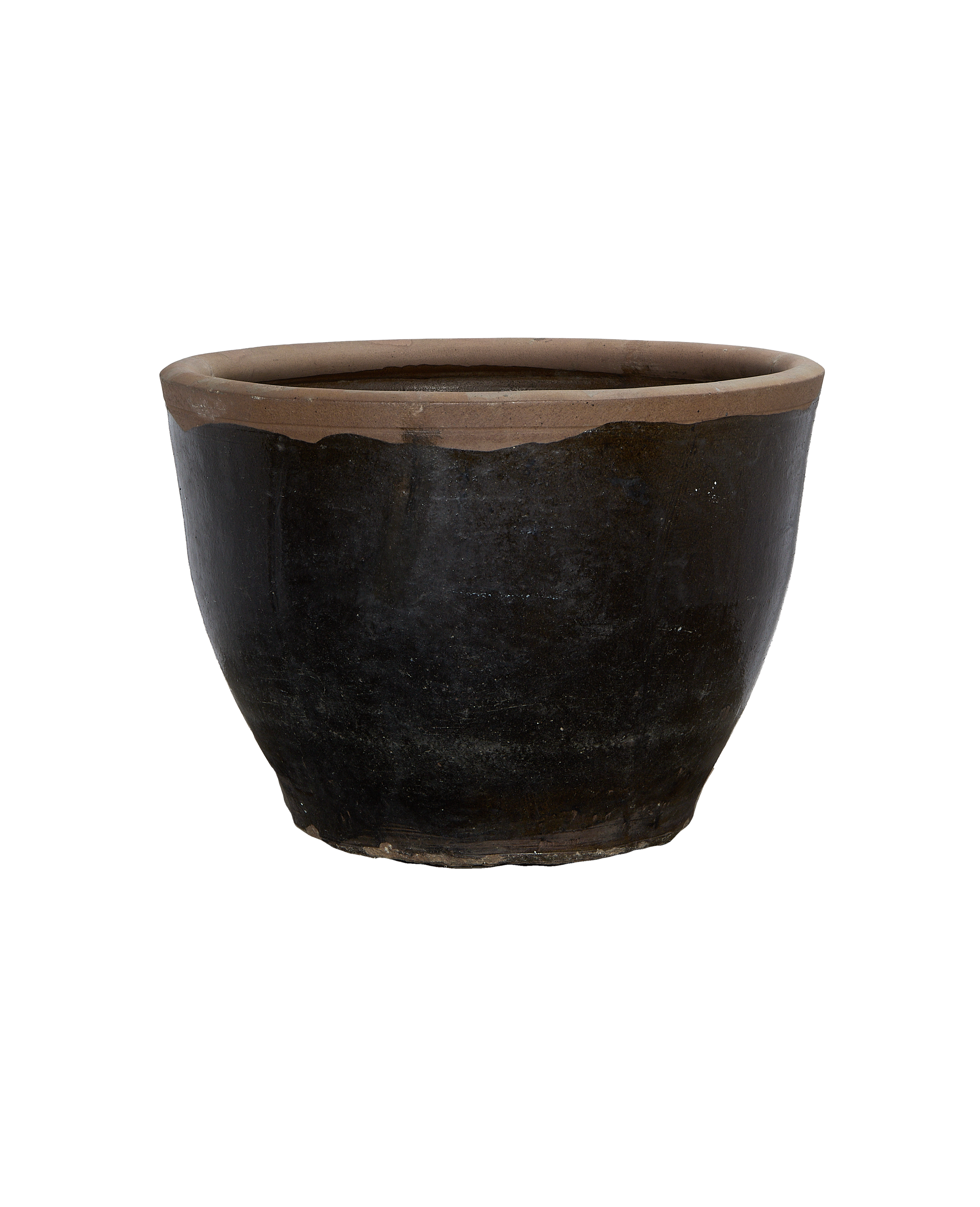 Vintage Chinese Mulberry planter, dark glazed ceramic with textured natural rim, full view.
