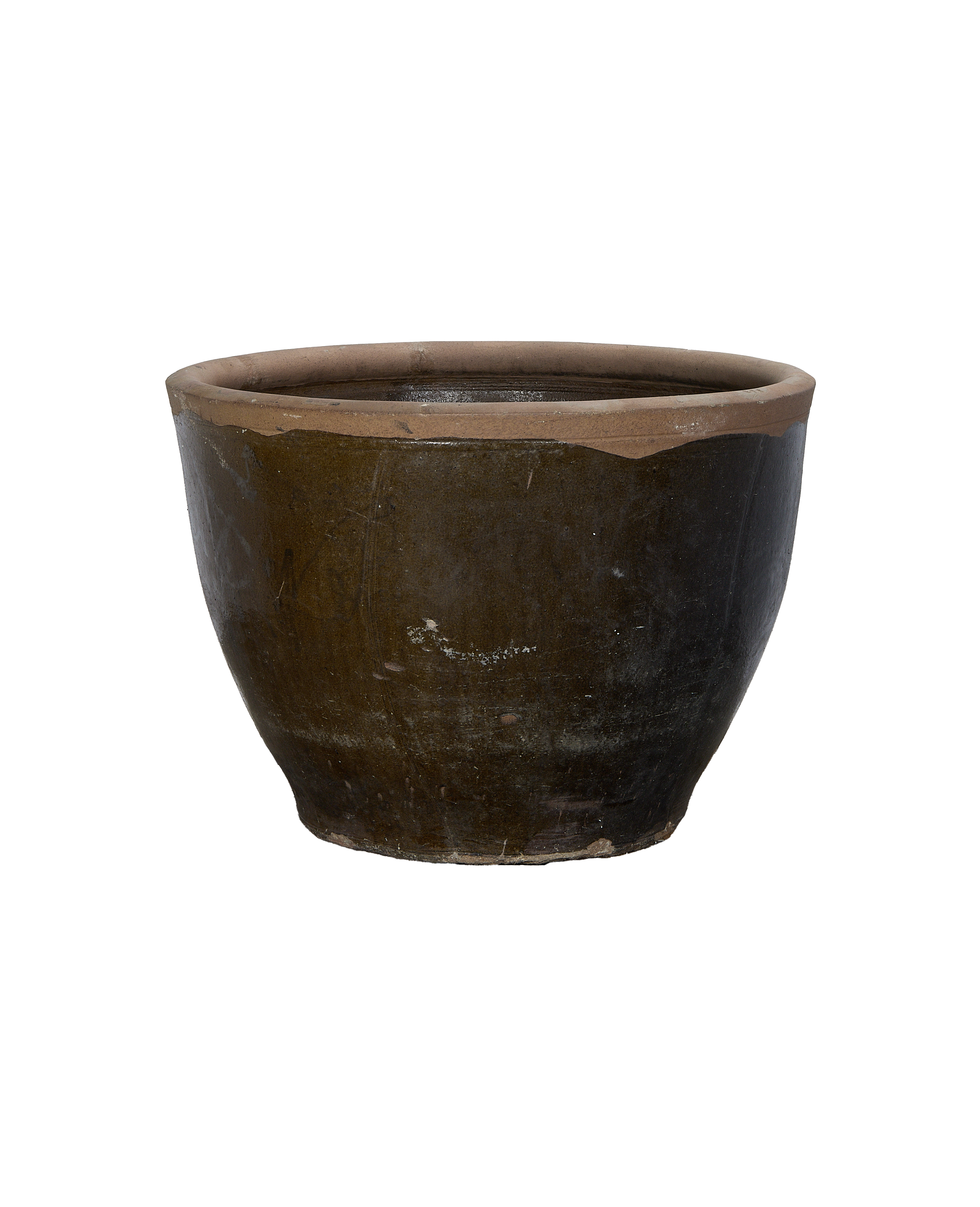 Vintage Chinese terracotta mulberry planter with subtle olive glaze, showing age and texture.