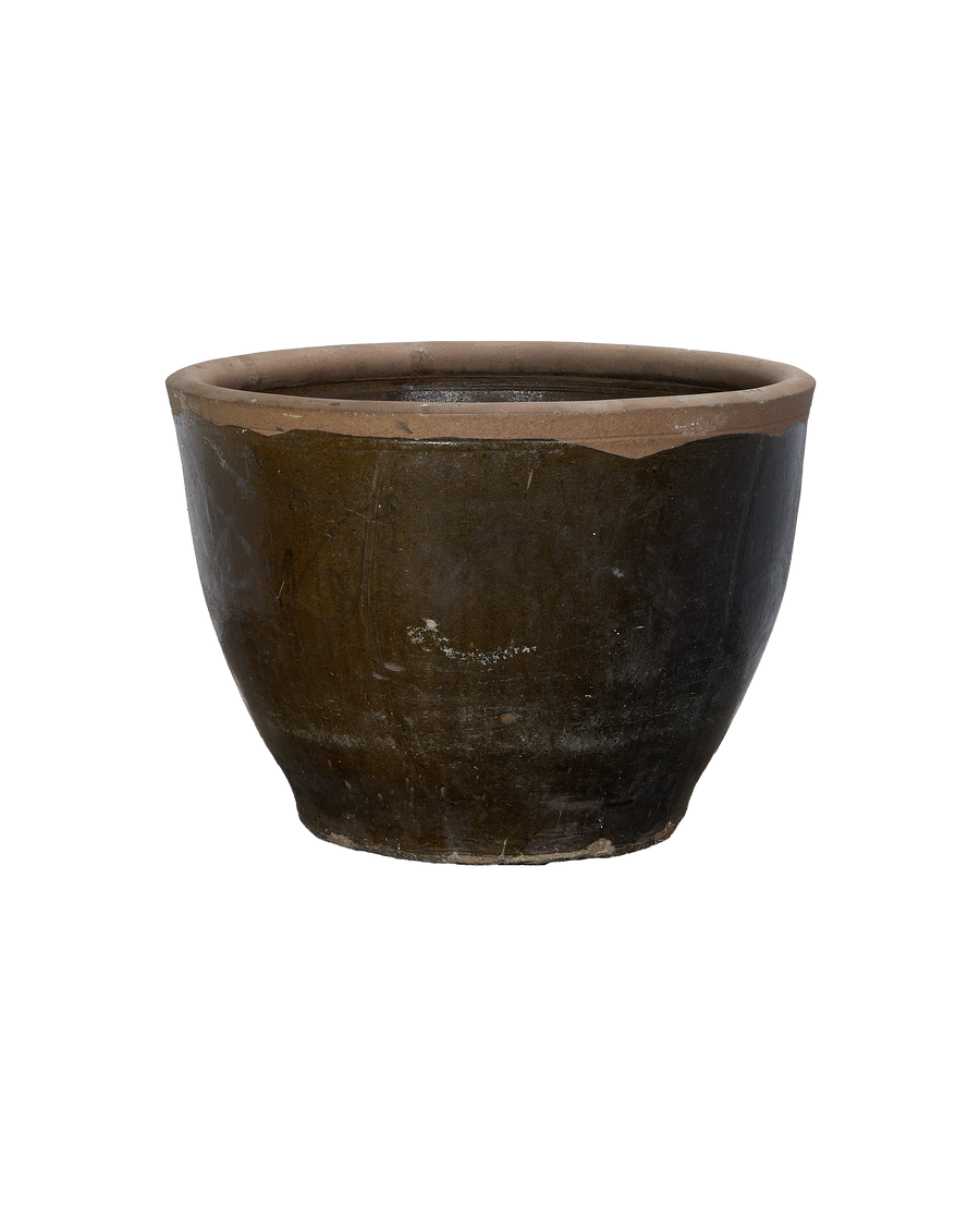 Vintage Chinese terracotta mulberry planter with subtle olive glaze, showing age and texture.