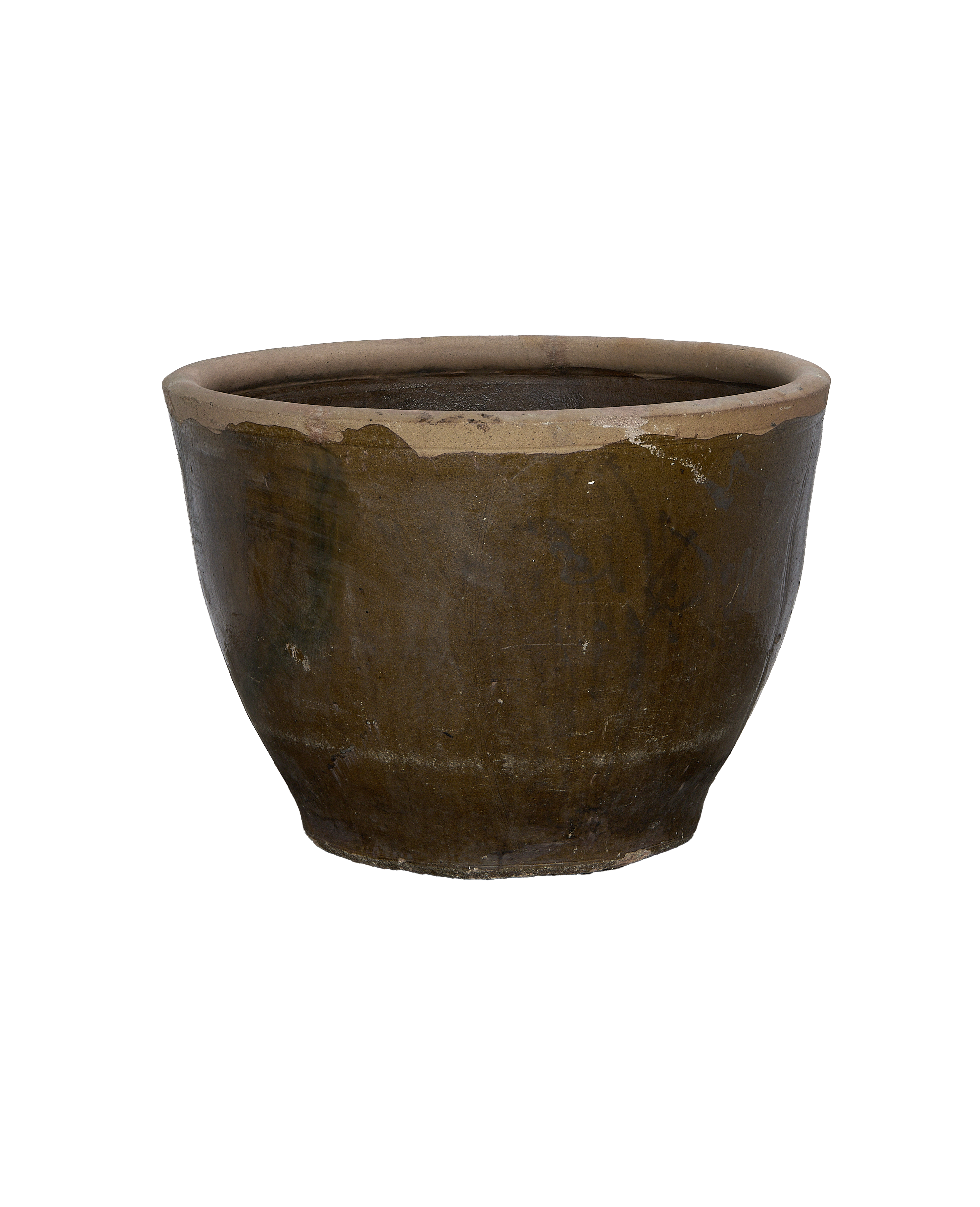 Vintage Chinese mulberry ceramic planter, earthy brown glaze, detailed with aged texture, top rim.