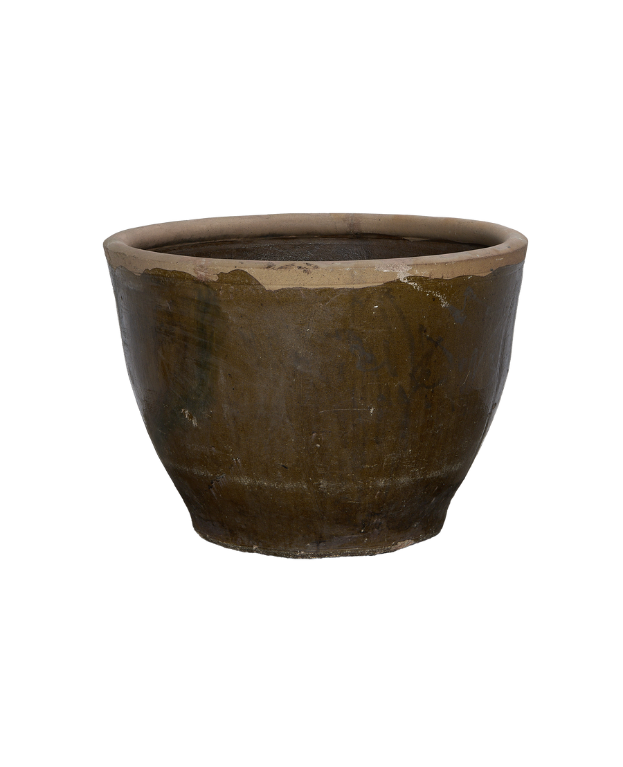 Vintage Chinese mulberry ceramic planter, earthy brown glaze, detailed with aged texture, top rim.