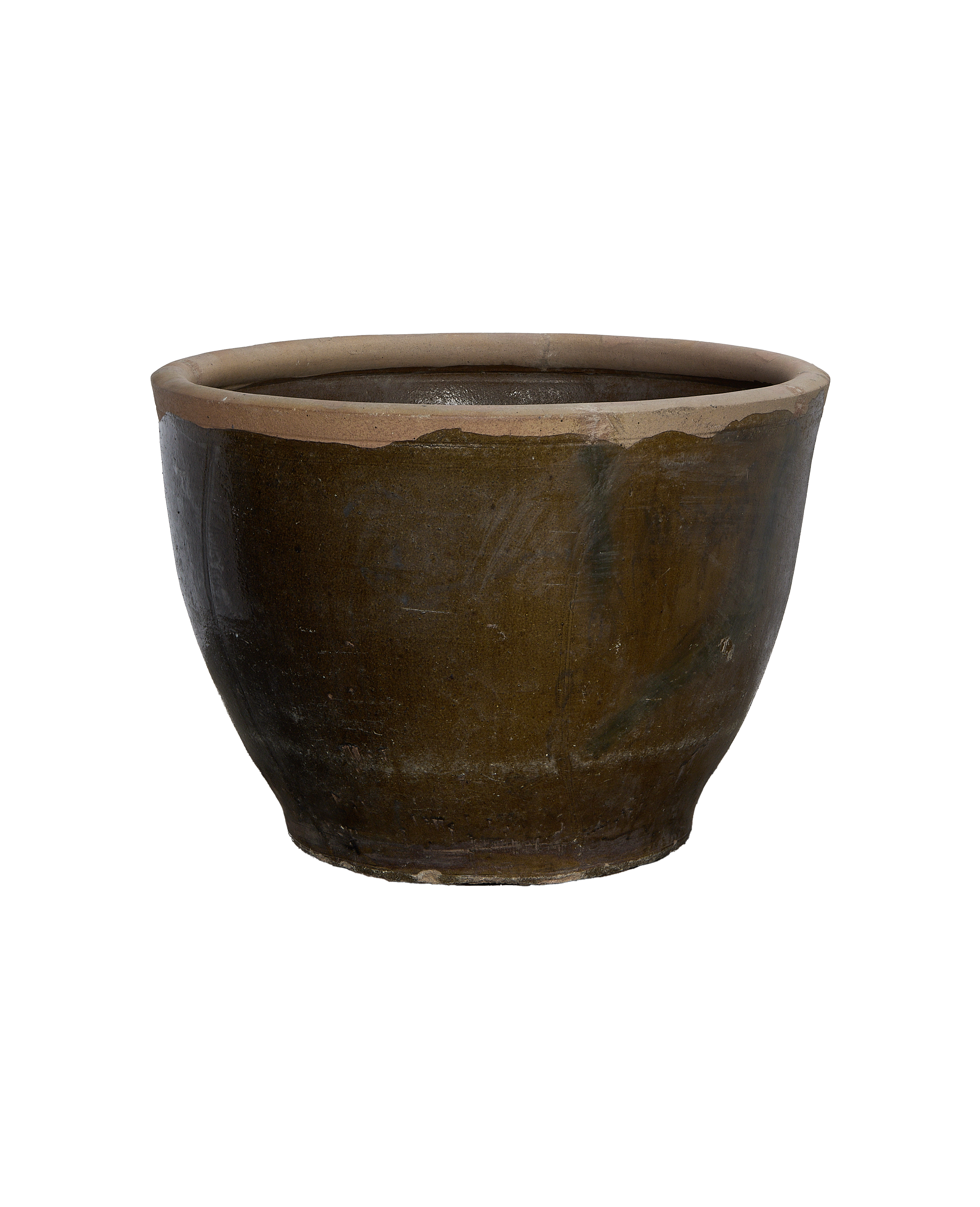 Vintage Chinese OAK mulberry planter, close-up of aged terracotta rim and dark green glaze.