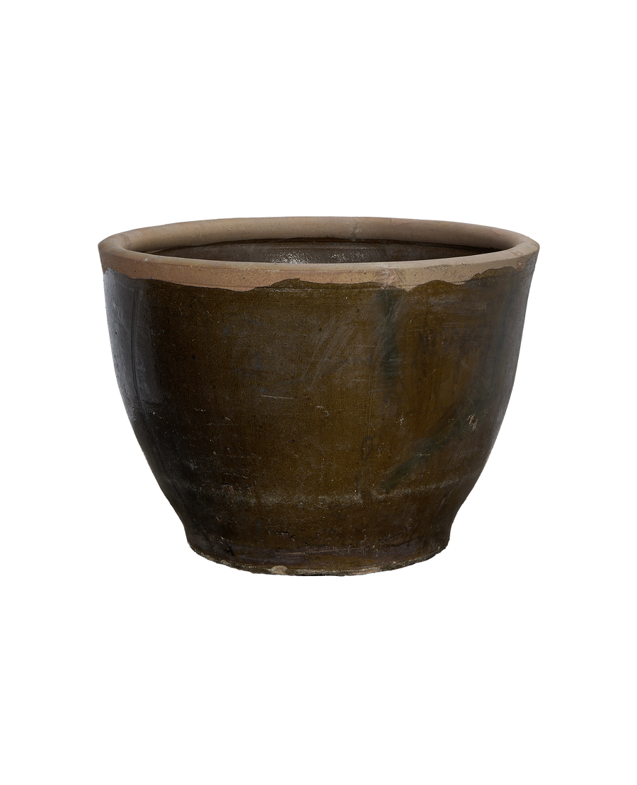 Vintage Chinese OAK mulberry planter, close-up of aged terracotta rim and dark green glaze.
