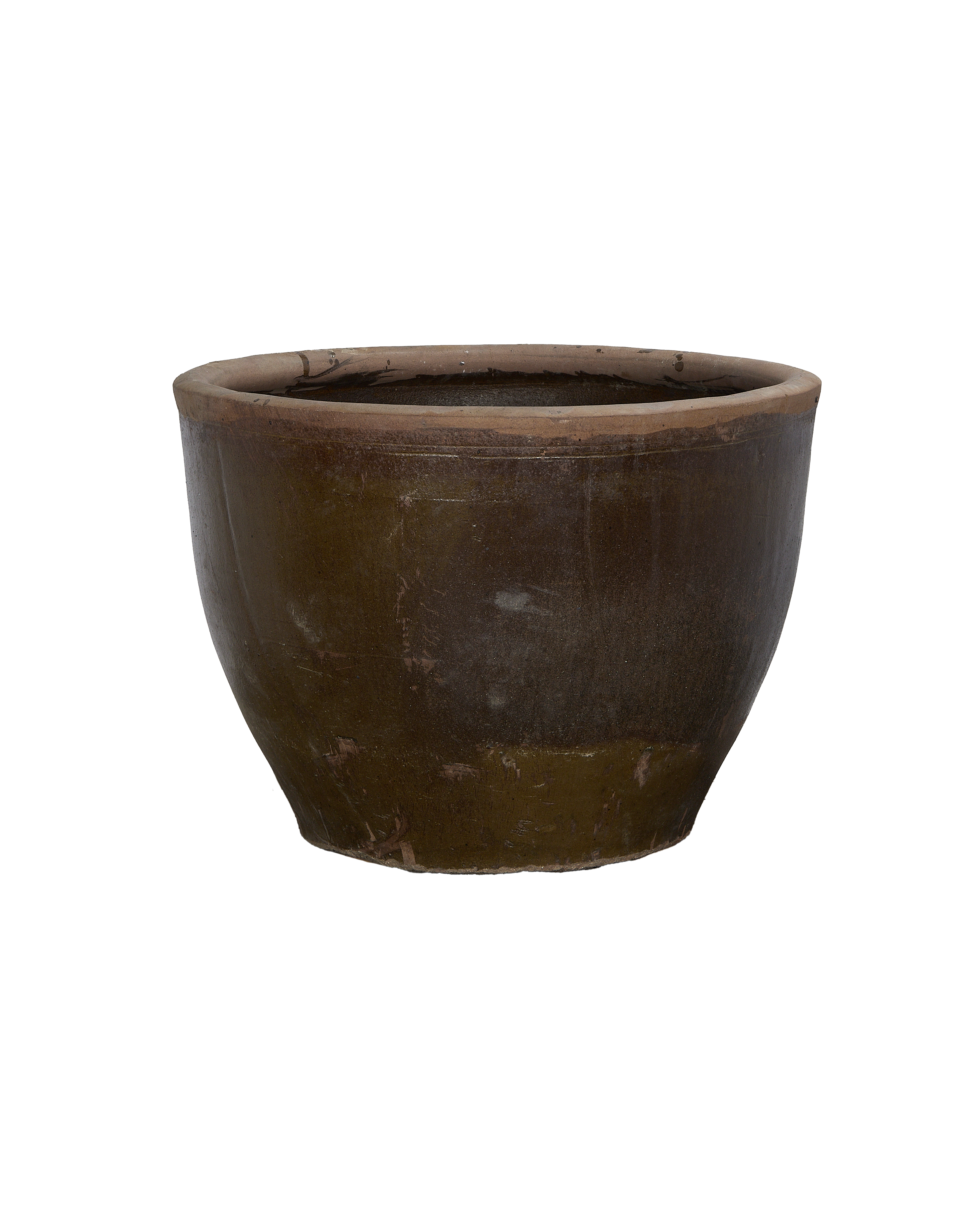 Vintage Chinese Mulberry Planter, oak with distressed exterior, showcasing the textured rim and bottom.