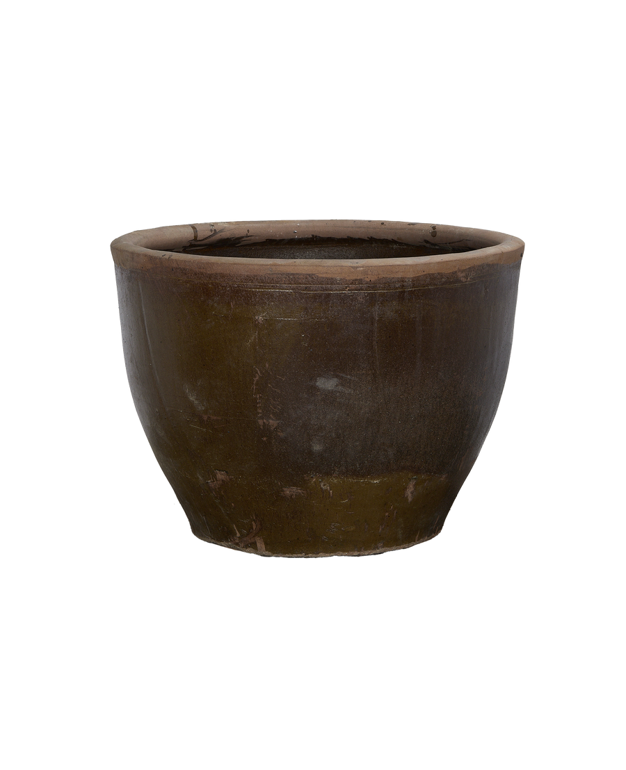 Vintage Chinese Mulberry Planter, oak with distressed exterior, showcasing the textured rim and bottom.