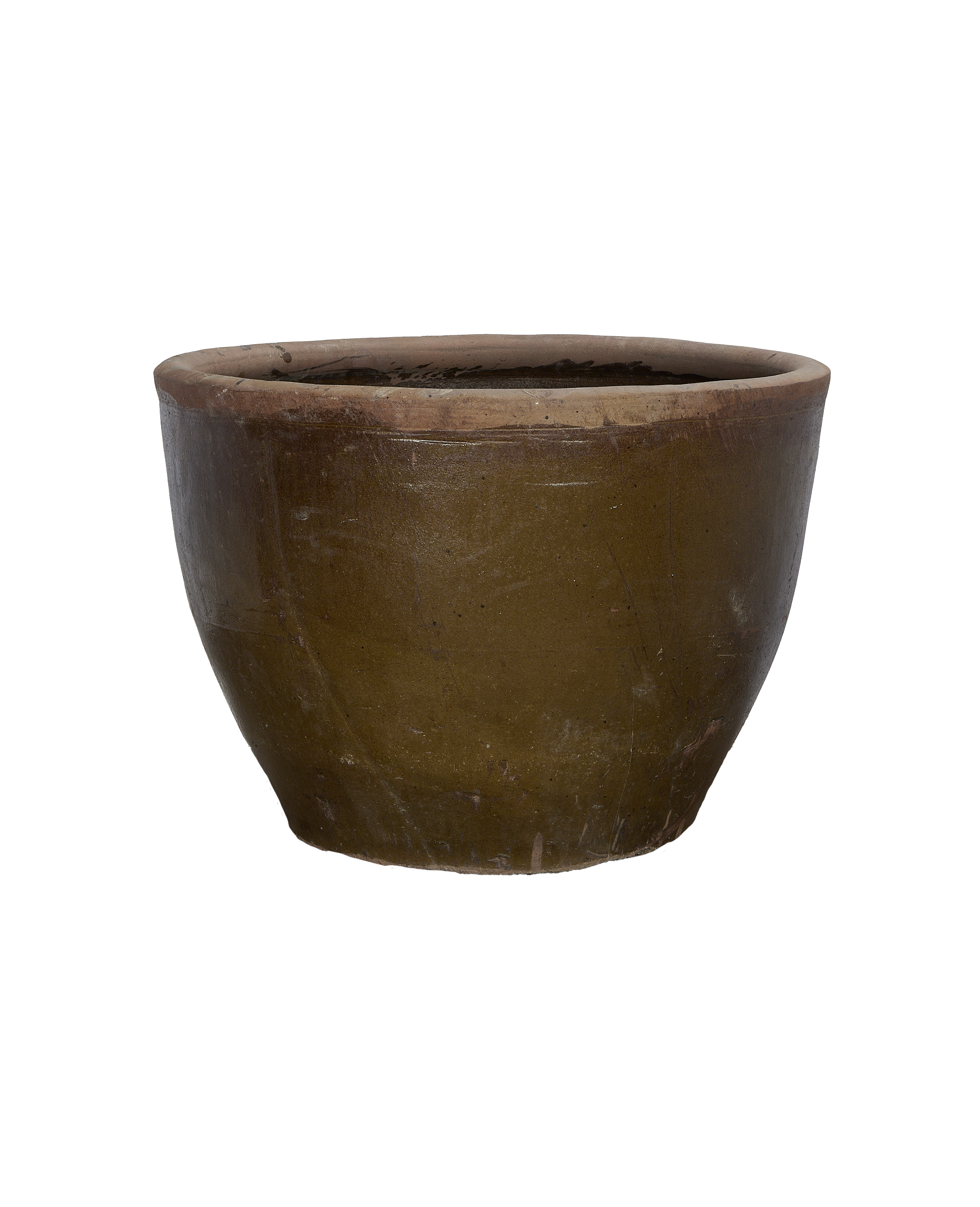 Vintage Chinese Mulberry Planter, showing weathered oak-like patina and texture from a side view.