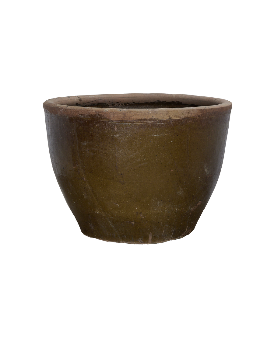 Vintage Chinese Mulberry Planter, showing weathered oak-like patina and texture from a side view.