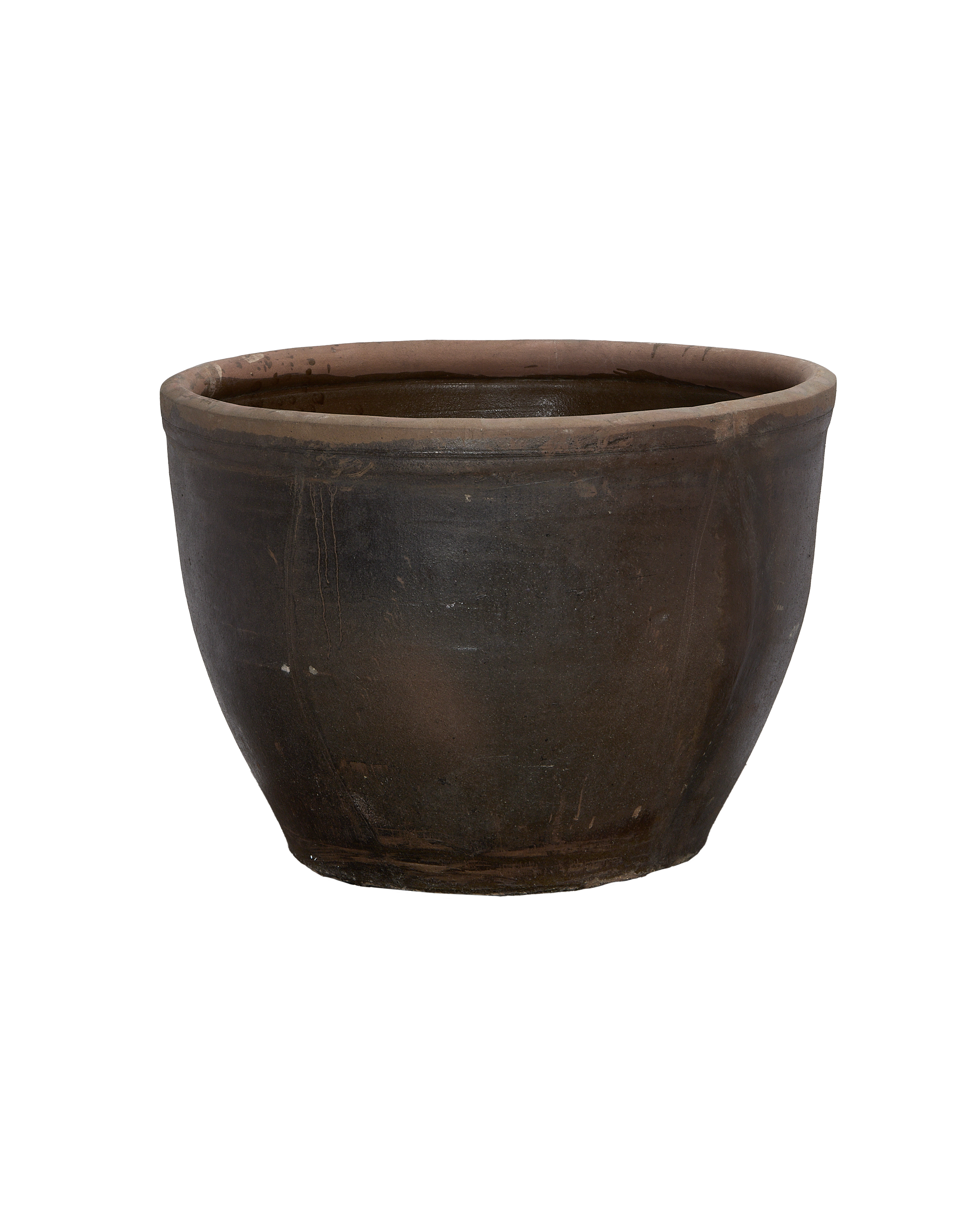 Vintage Chinese mulberry oak planter, wide angle, showing weathered rustic finish and rim.