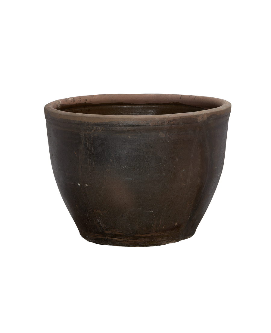 Vintage Chinese mulberry oak planter, wide angle, showing weathered rustic finish and rim.